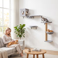 Load image into Gallery viewer, 3-In-1 Cat Wall Shelves, Wooden Cat Climbing Furniture with Condo, Bed, Hammock, Scratching Post and Spring Ball, Space-Saving Wall Mounted Kitty Shelves for Indoor Kittens, Gray