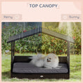 Load image into Gallery viewer, PawHut Wicker Dog House Outdoor with Canopy, Rattan Dog Bed with Water-resistant Cushion, Raised Dog Bed for Small, Medium Dogs up to 66 lbs, 19.75" in Length, Brown Wicker, Gray Cushion