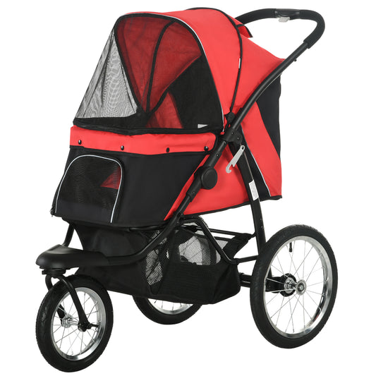 PawHut Pet Stroller for Small and Medium Dogs, 3 Big Wheels Foldable Cat Stroller Jogger with Adjustable Canopy, Safety Tether, Cushion, Storage Basket,, Red