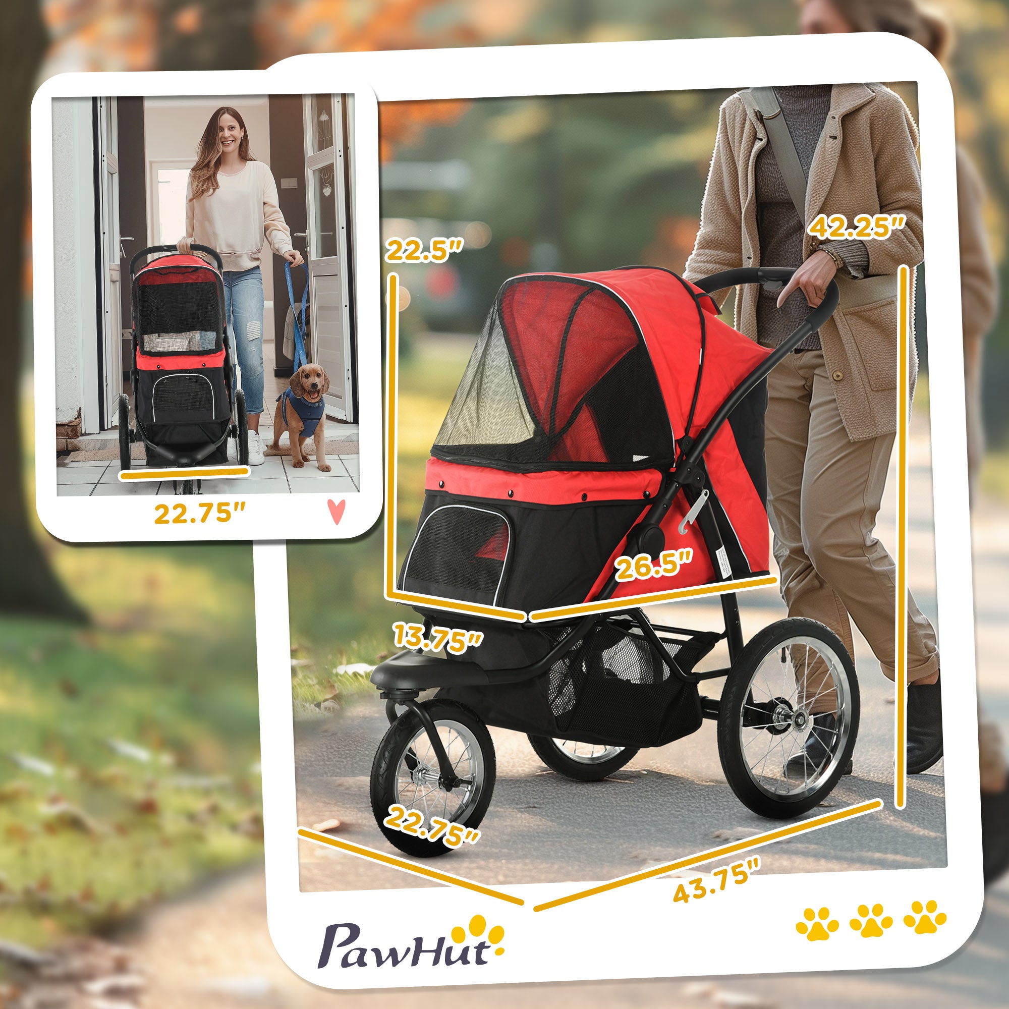 PawHut Pet Stroller for Small and Medium Dogs, 3 Big Wheels Foldable Cat Stroller Jogger with Adjustable Canopy, Safety Tether, Cushion, Storage Basket,, Red