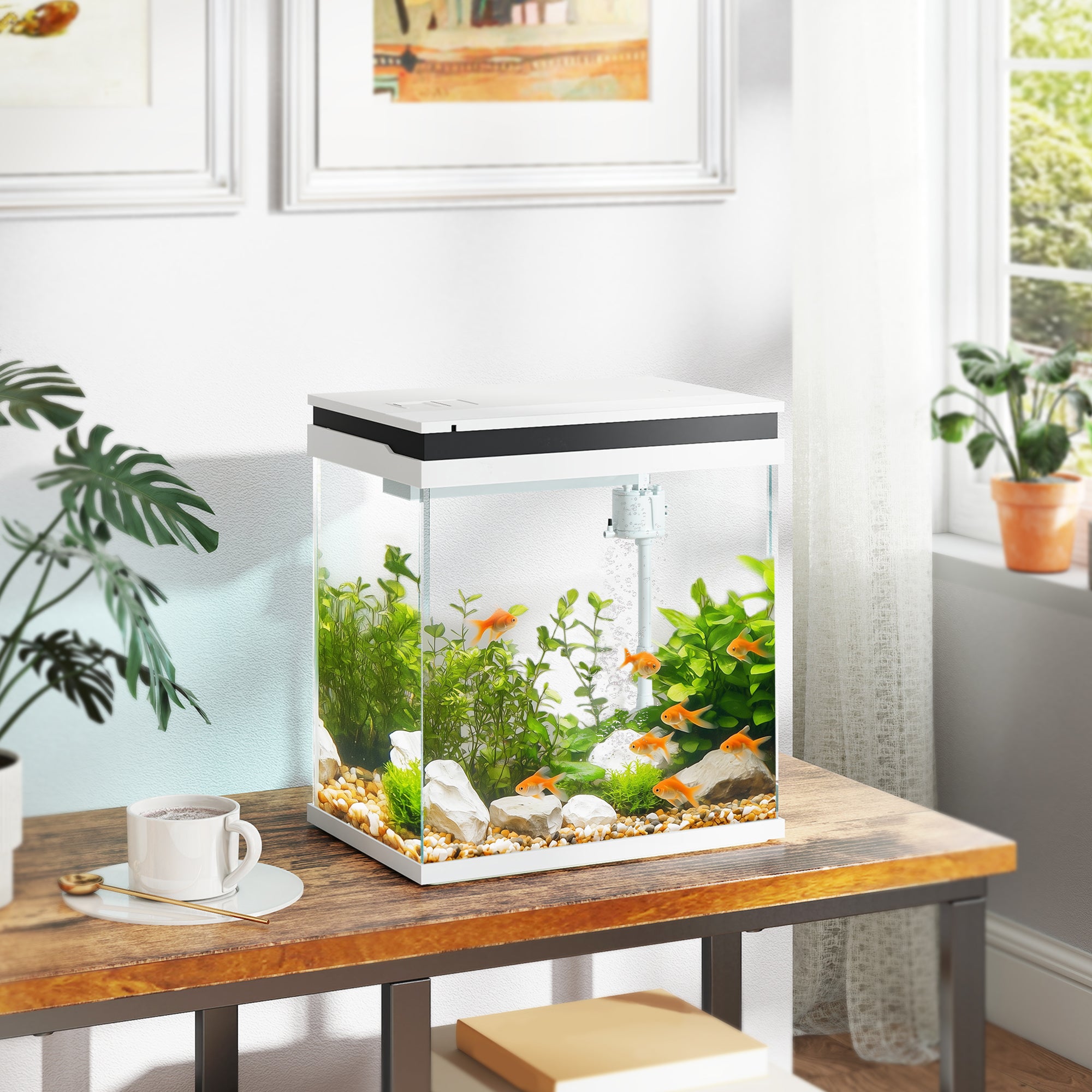 Fish Tank, 14L Glass Aquarium with Filter System, LED Lights, Water Pump, Betta Fish Tank for Goldfish, Shrimps, White