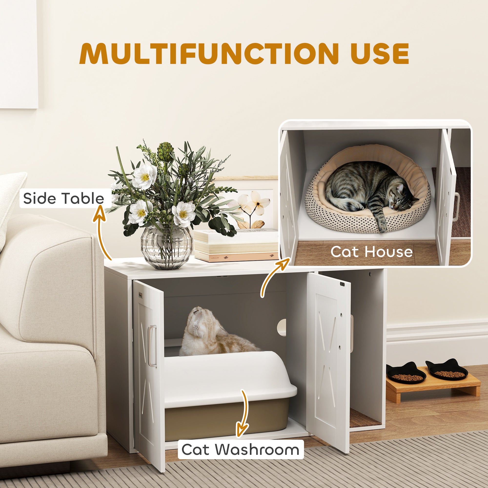 Cat Litter Box Enclosure, Hidden Cat Litter Box Furniture with Scratching Board, Cat House End Table Fit for Most Litter Box and Cats, 31.5" x 19" x 20", White