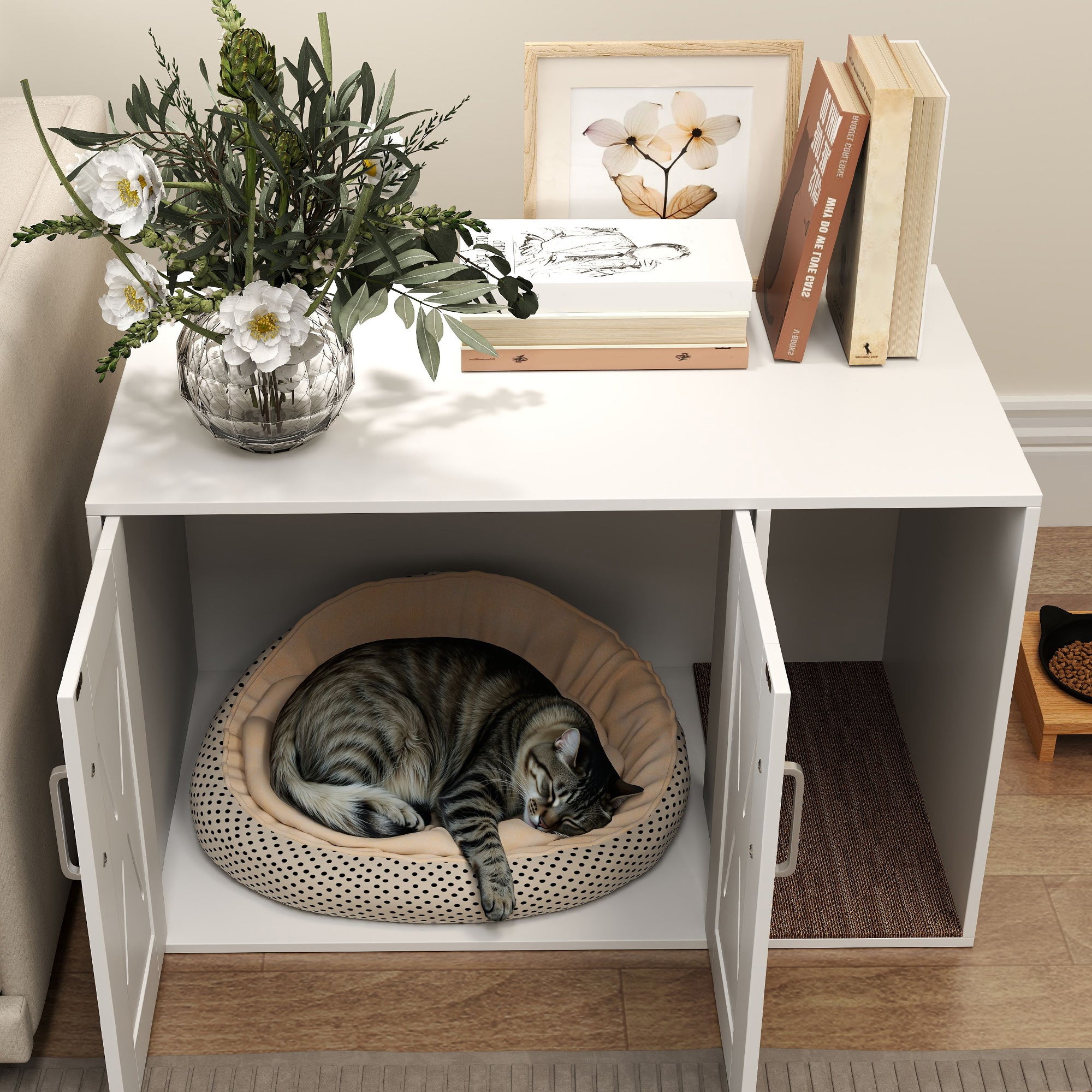 Cat Litter Box Enclosure, Hidden Cat Litter Box Furniture with Scratching Board, Cat House End Table Fit for Most Litter Box and Cats, 31.5" x 19" x 20", White