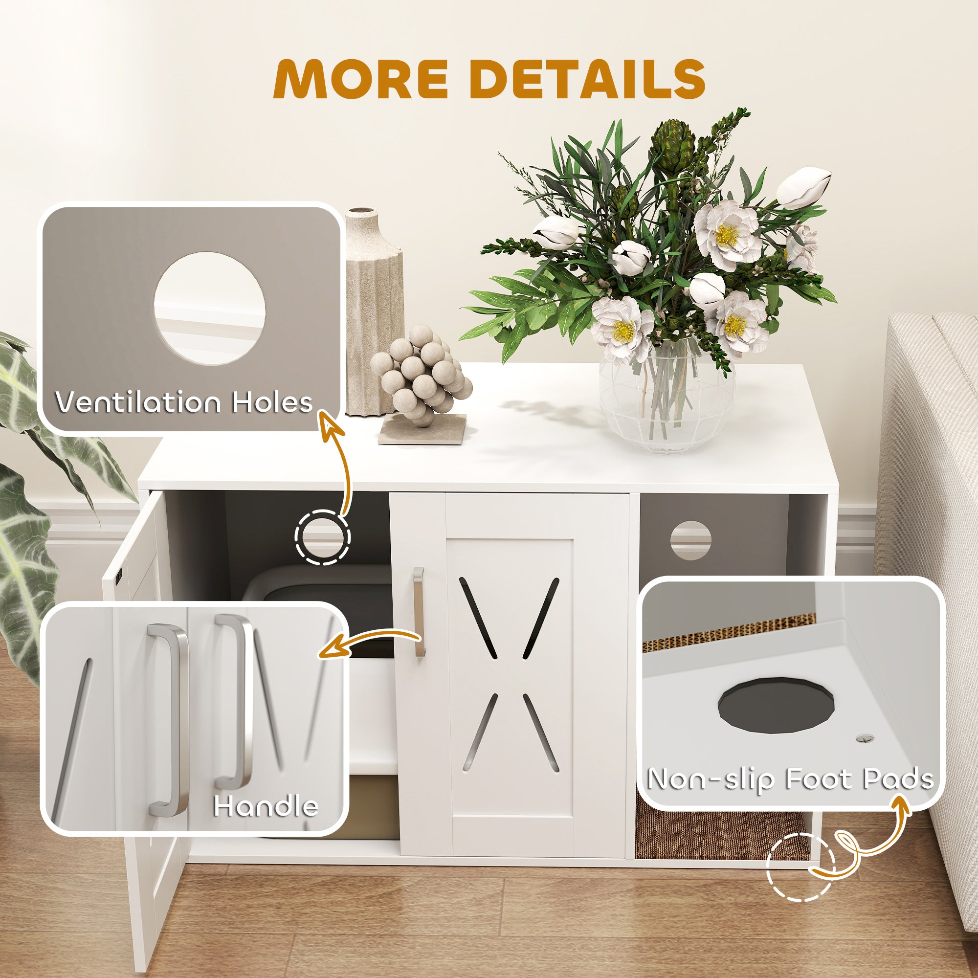 Cat Litter Box Enclosure, Hidden Cat Litter Box Furniture with Scratching Board, Cat House End Table Fit for Most Litter Box and Cats, 31.5" x 19" x 20", White