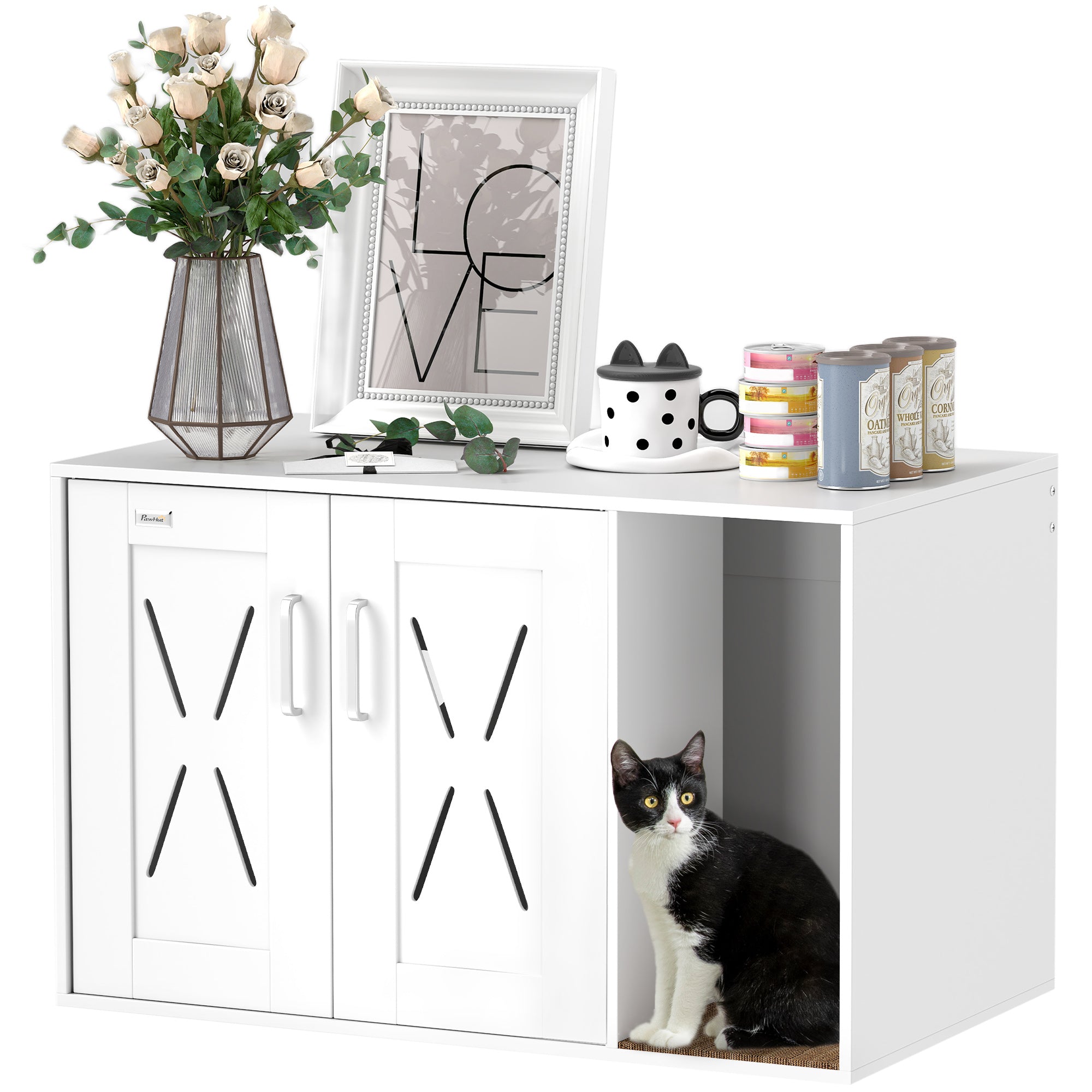 Cat Litter Box Enclosure, Hidden Cat Litter Box Furniture with Scratching Board, Cat House End Table Fit for Most Litter Box and Cats, 31.5" x 19" x 20", White
