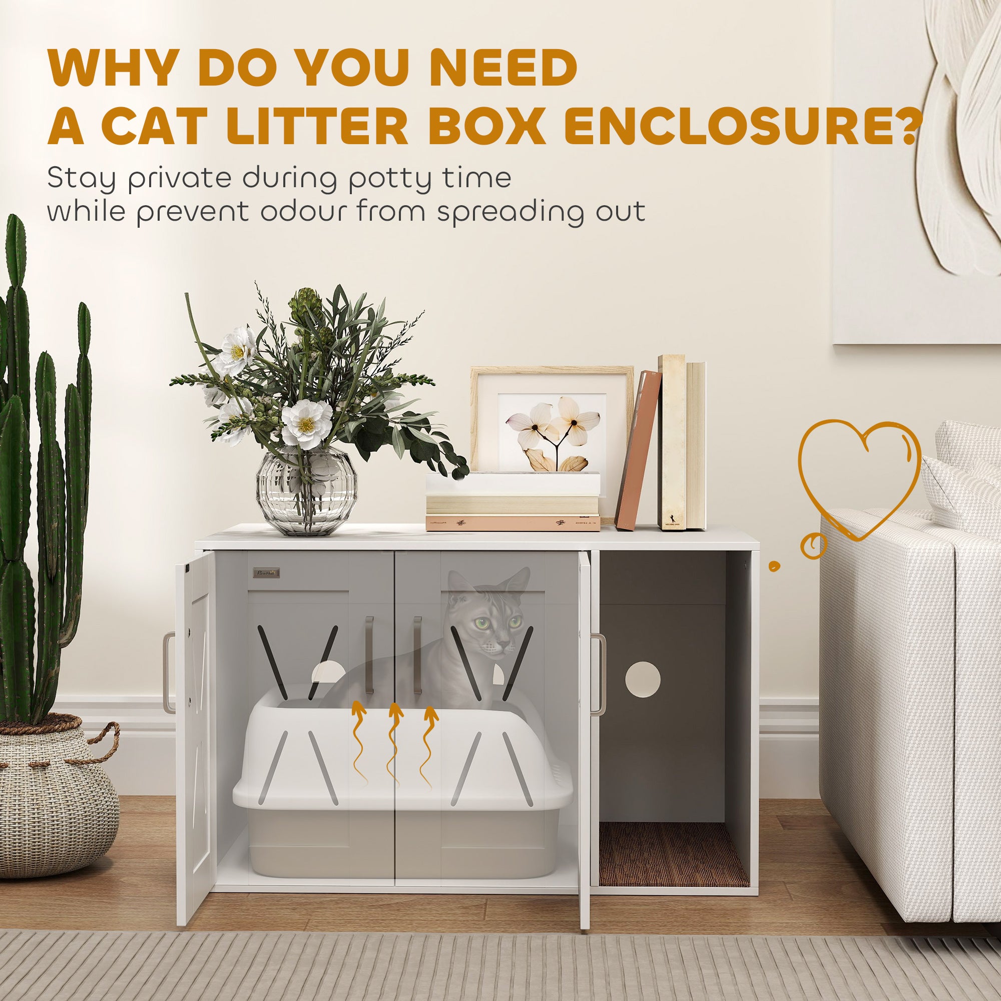 Cat Litter Box Enclosure, Hidden Cat Litter Box Furniture with Scratching Board, Cat House End Table Fit for Most Litter Box and Cats, 31.5" x 19" x 20", White