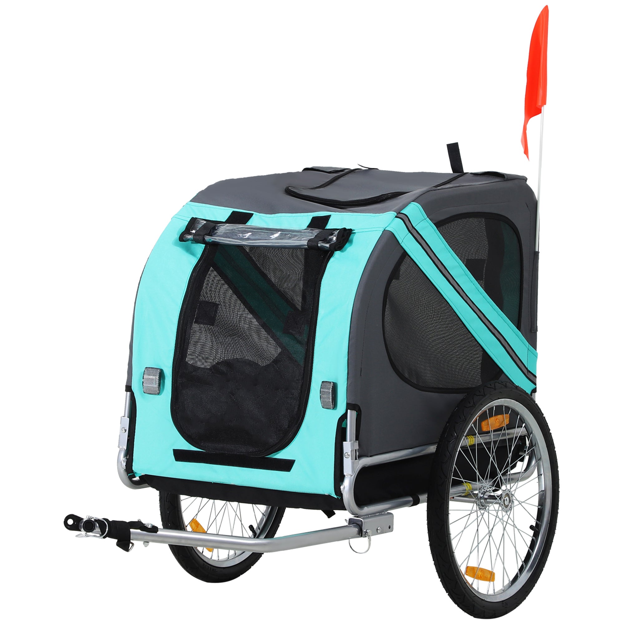 Aosom Dog Bike Trailer, Pet Wagon Bicycle Trailer with Easy Folding Cart Frame, 20" Large Rubber Wheels, 3 Entrances, Mesh Screen, Pet Bike Trailer for Off-Road & Travel, Green and Gray