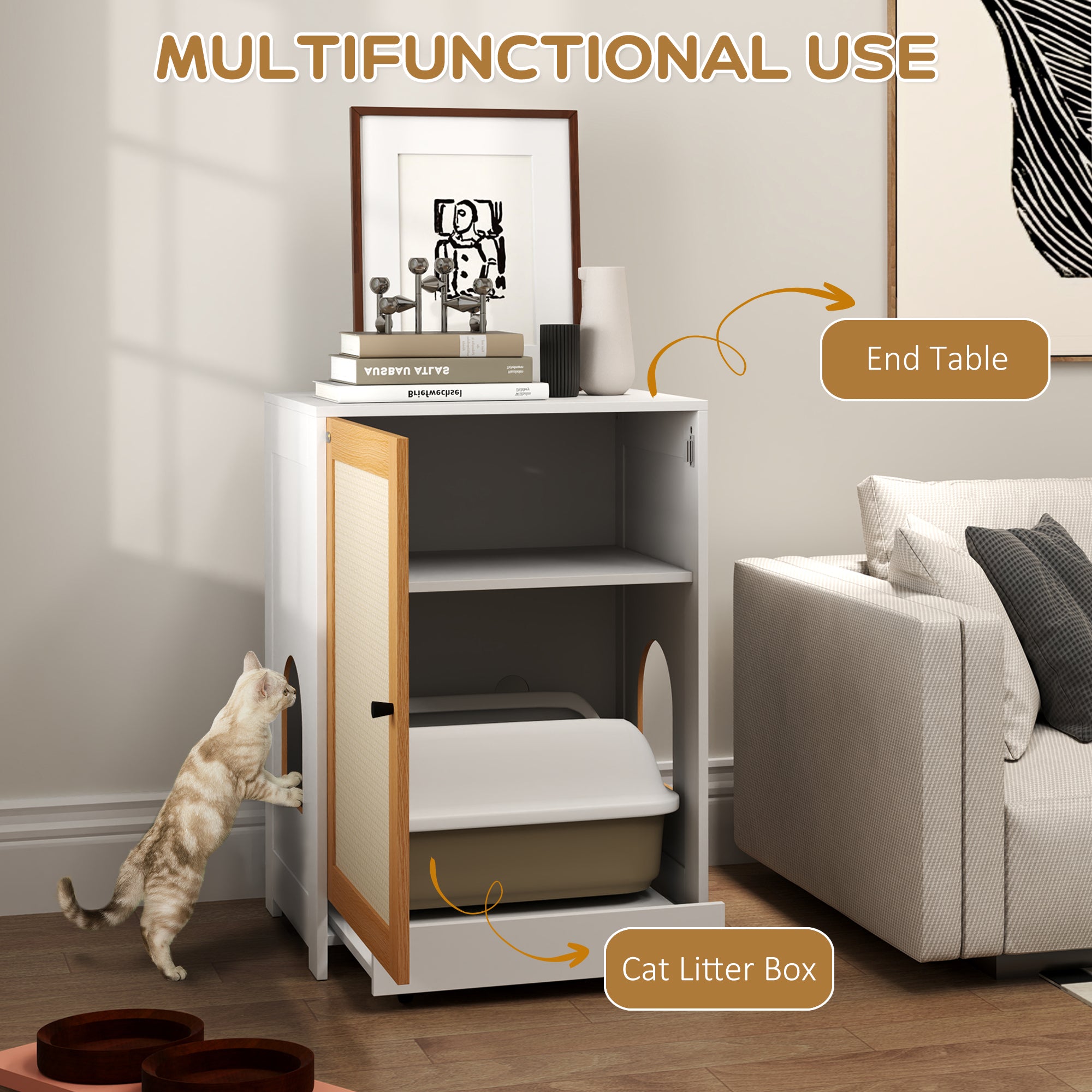 Cat Litter Box Enclosure, Hidden Litter Box Furniture with Pull-Out Tray, Indoor Cat Washroom with Storage Cabinet,  Scratching Mat, Oak