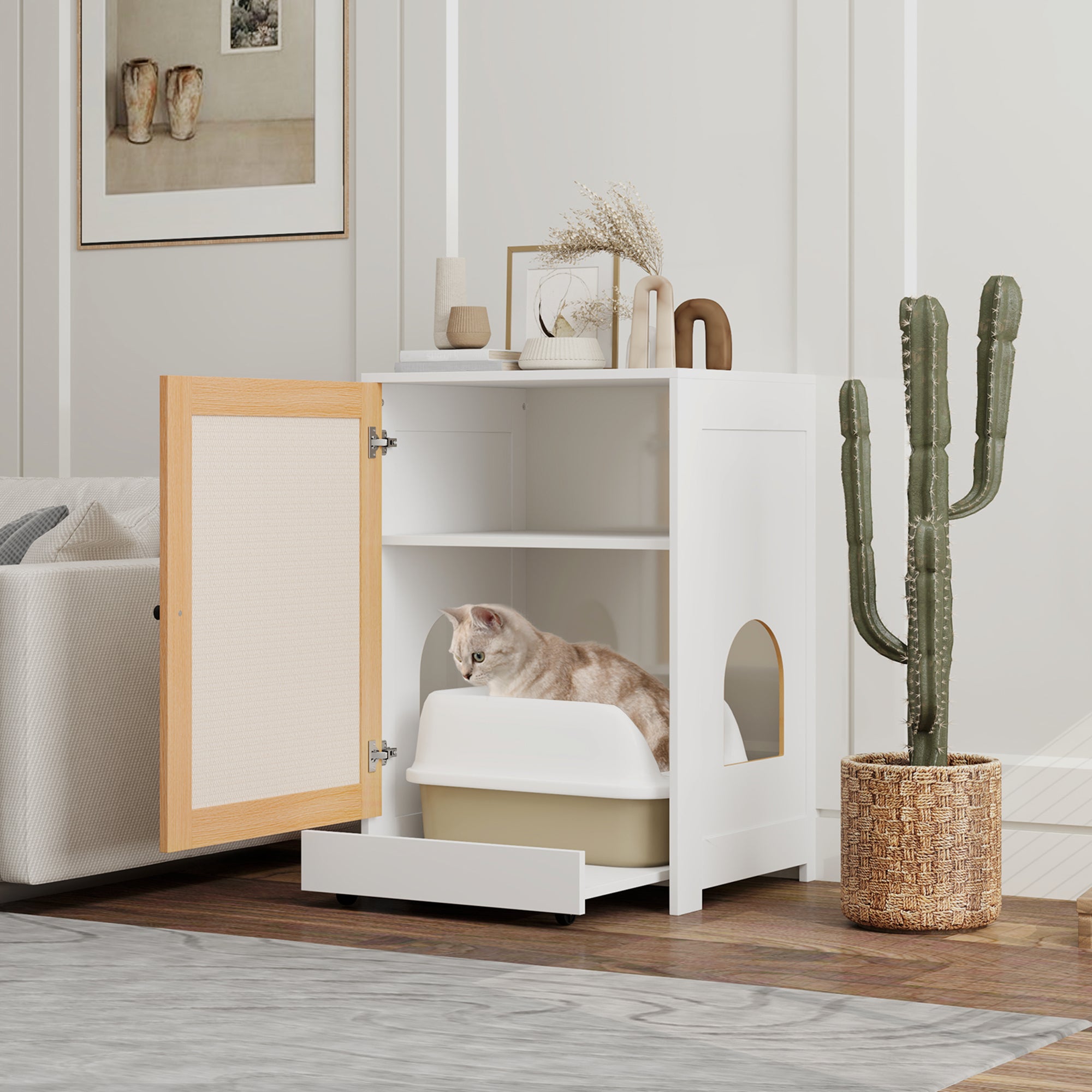 Cat Litter Box Enclosure, Hidden Litter Box Furniture with Pull-Out Tray, Indoor Cat Washroom with Storage Cabinet,  Scratching Mat, Oak