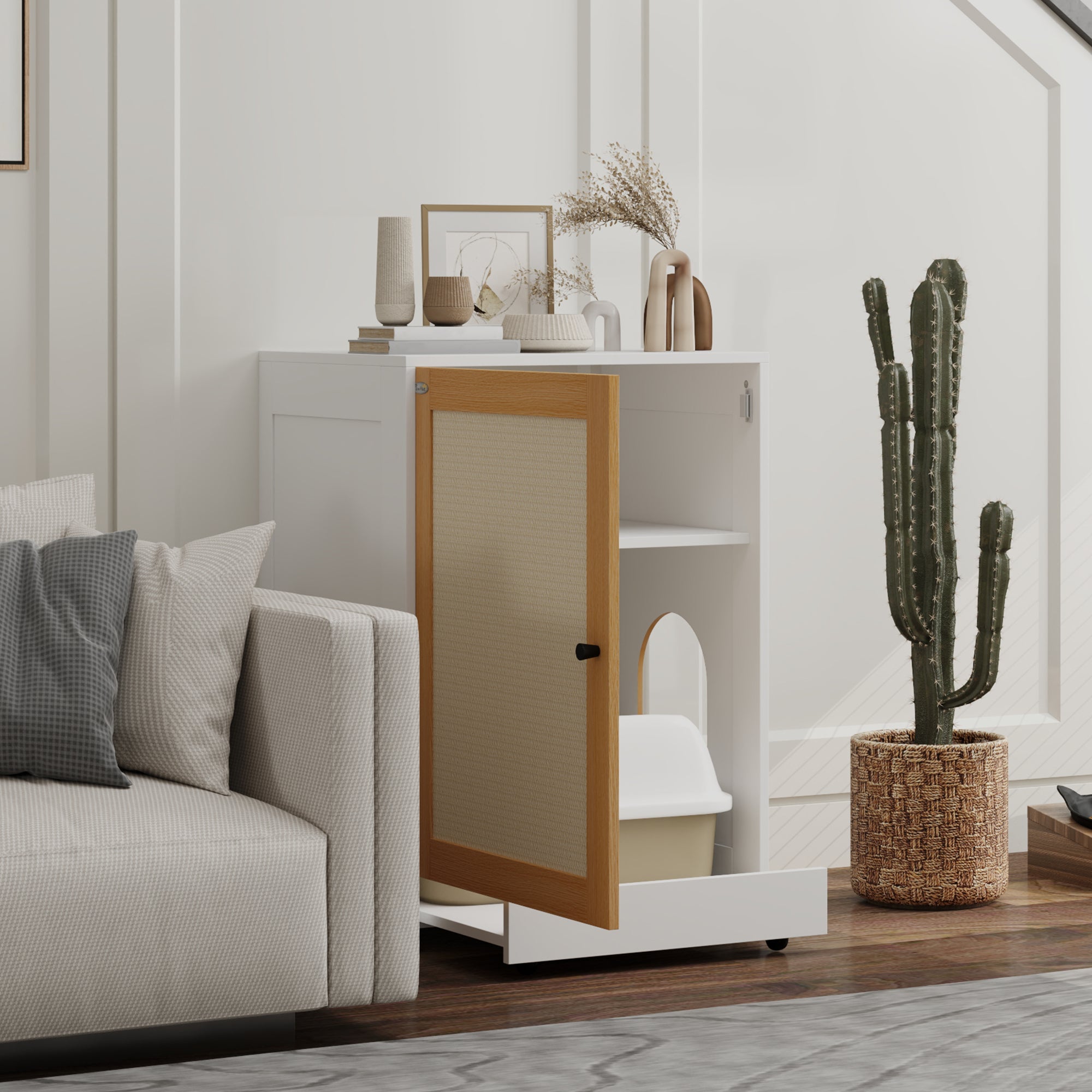 Cat Litter Box Enclosure, Hidden Litter Box Furniture with Pull-Out Tray, Indoor Cat Washroom with Storage Cabinet,  Scratching Mat, Oak