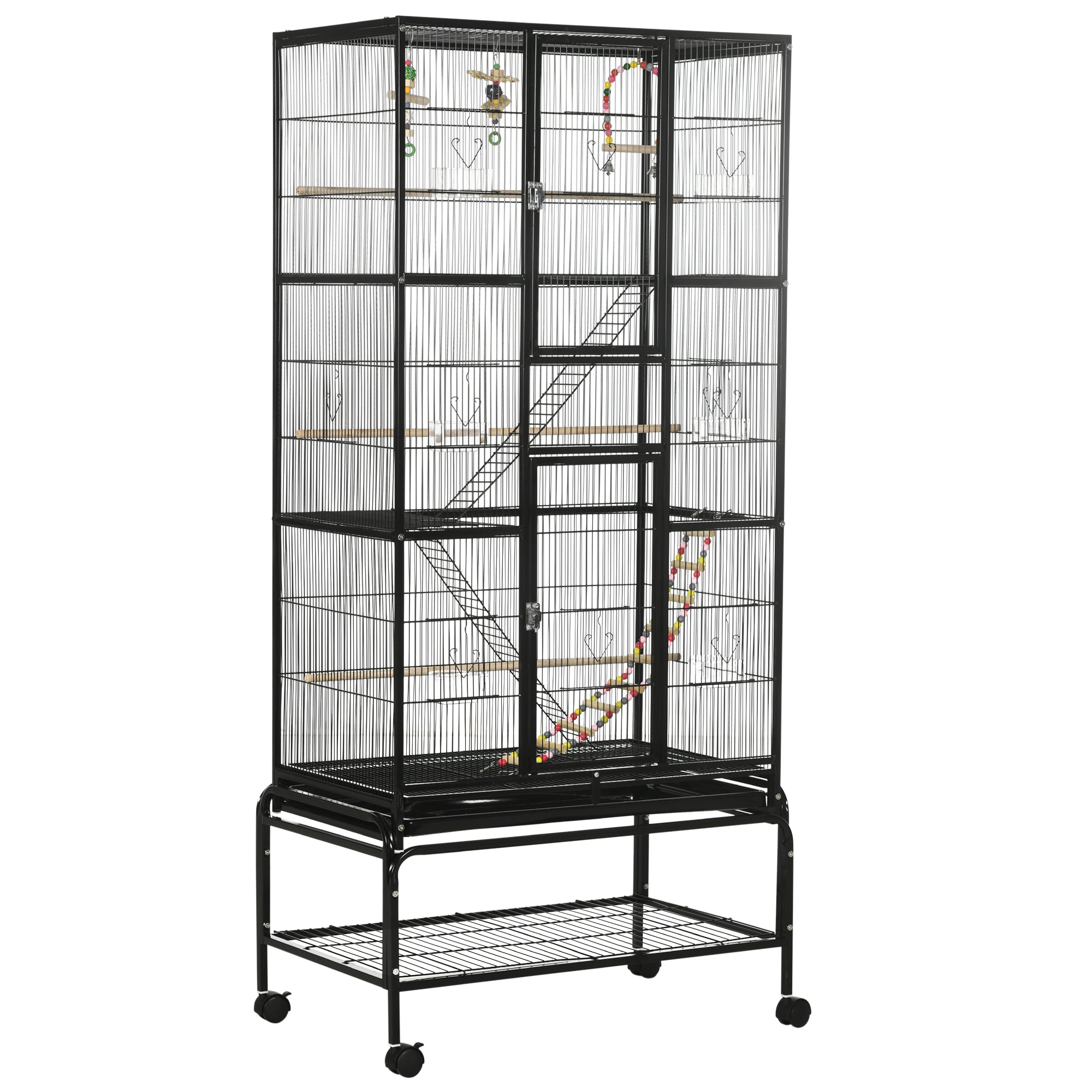 71" Bird Cage, 3 Tier Large Parrot Cage with Wheels, Perches, Ramp, Storage Shelf, Toys for Canaries, Finches, Cockatiels, Parakeets, Black