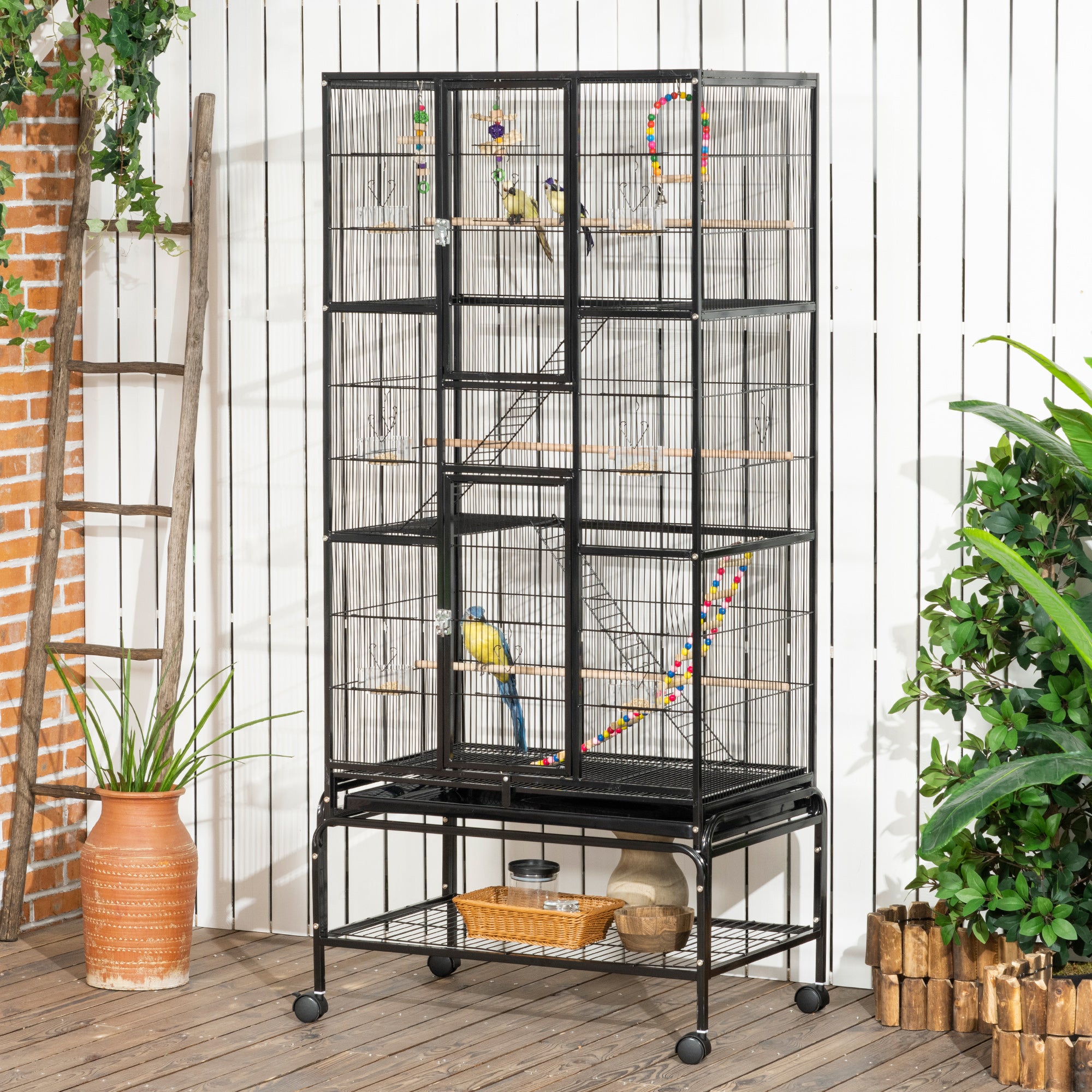71" Bird Cage, 3 Tier Large Parrot Cage with Wheels, Perches, Ramp, Storage Shelf, Toys for Canaries, Finches, Cockatiels, Parakeets, Black