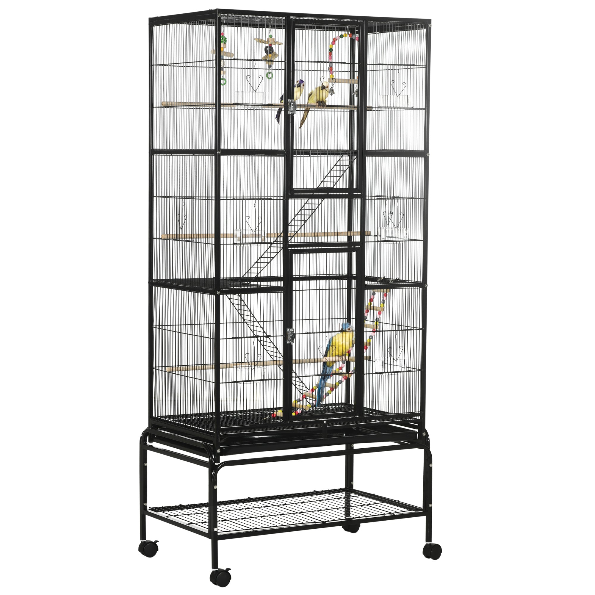 71" Bird Cage, 3 Tier Large Parrot Cage with Wheels, Perches, Ramp, Storage Shelf, Toys for Canaries, Finches, Cockatiels, Parakeets, Black