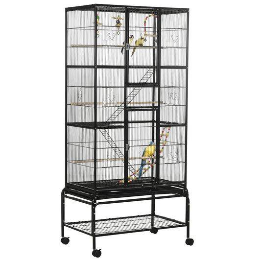 71" Bird Cage, 3 Tier Large Parrot Cage with Wheels, Perches, Ramp, Storage Shelf, Toys for Canaries, Finches, Cockatiels, Parakeets, Black