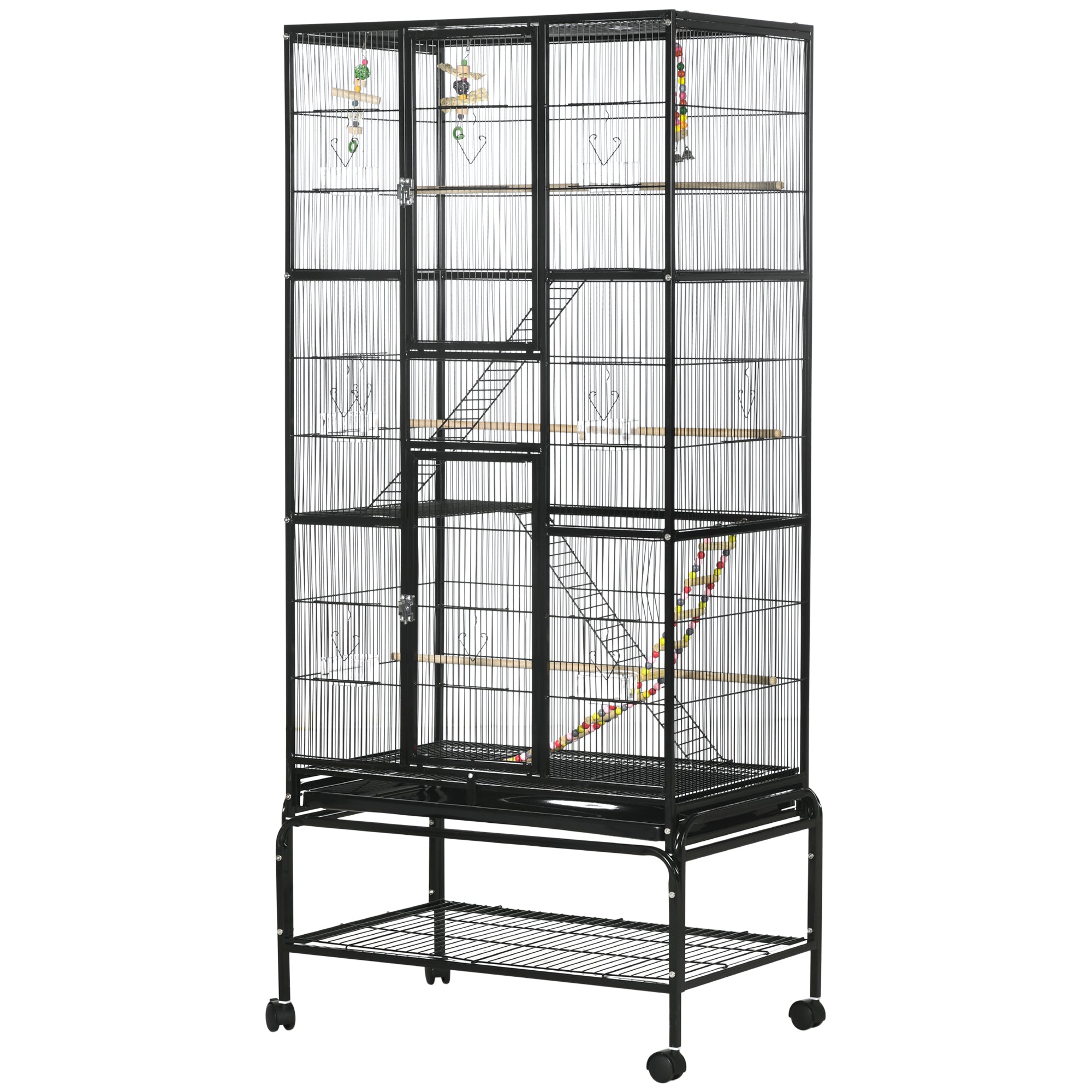 71" Bird Cage, 3 Tier Large Parrot Cage with Wheels, Perches, Ramp, Storage Shelf, Toys for Canaries, Finches, Cockatiels, Parakeets, Black