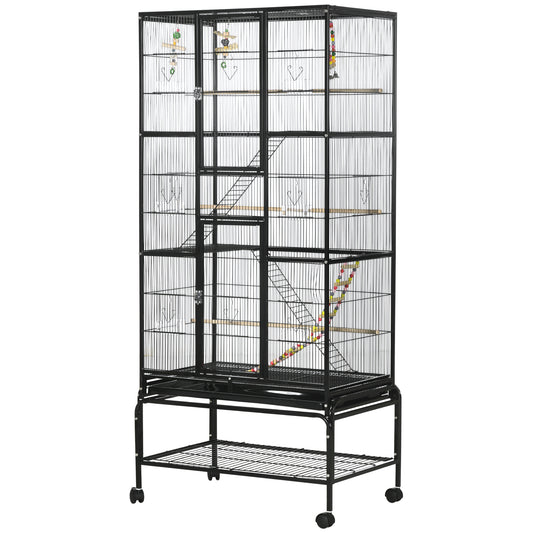 71" Bird Cage, 3 Tier Large Parrot Cage with Wheels, Perches, Ramp, Storage Shelf, Toys for Canaries, Finches, Cockatiels, Parakeets, Black