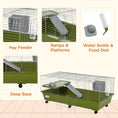 Load image into Gallery viewer, PawHut 47"L Small Animal Cage, Rolling Bunny Cage, Guinea Pig Cage with Food Dish, Water Bottle, Hay Feeder, Platform, Ramp for Ferret Chinchilla, Green