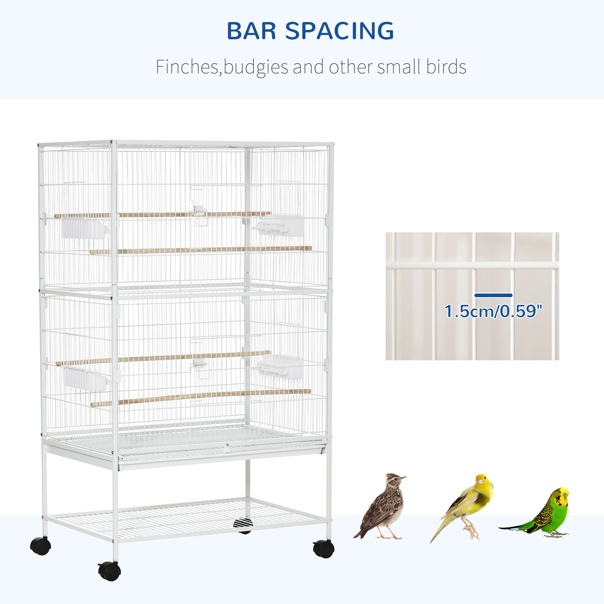 52" Large Rolling Steel Bird Cage Bird House with Rolling Stand, Storage Shelf, Wood Perch, Food Container, White
