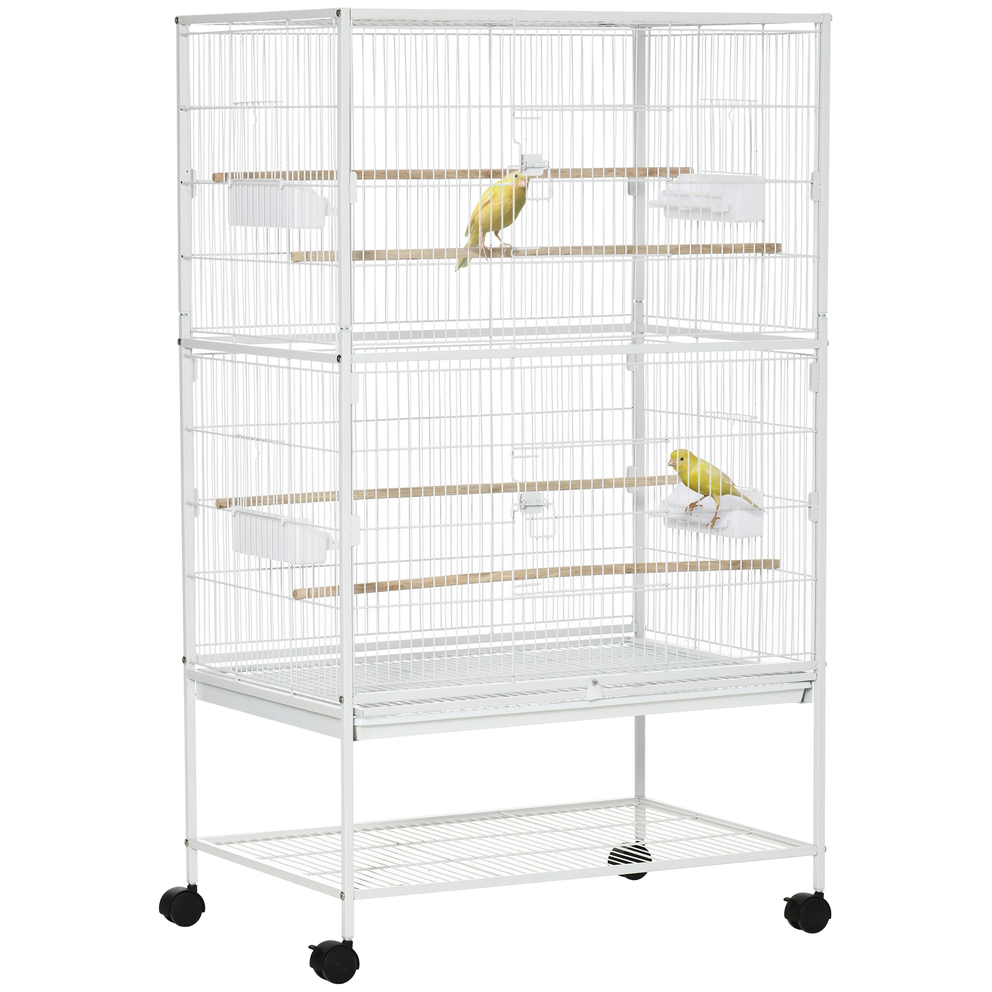 52" Large Rolling Steel Bird Cage Bird House with Rolling Stand, Storage Shelf, Wood Perch, Food Container, White