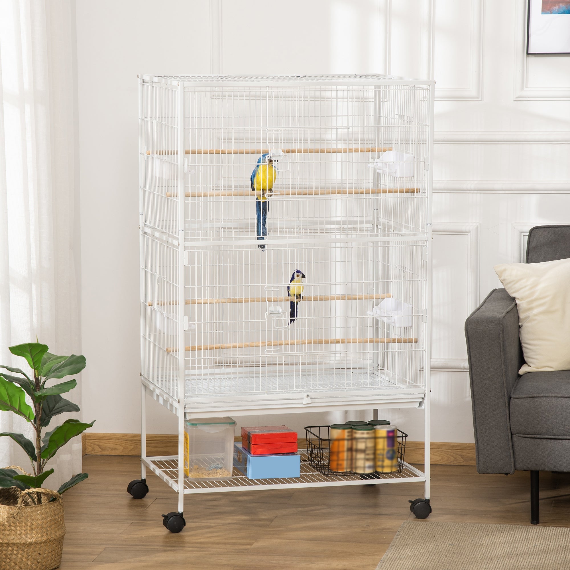 52" Large Rolling Steel Bird Cage Bird House with Rolling Stand, Storage Shelf, Wood Perch, Food Container, White