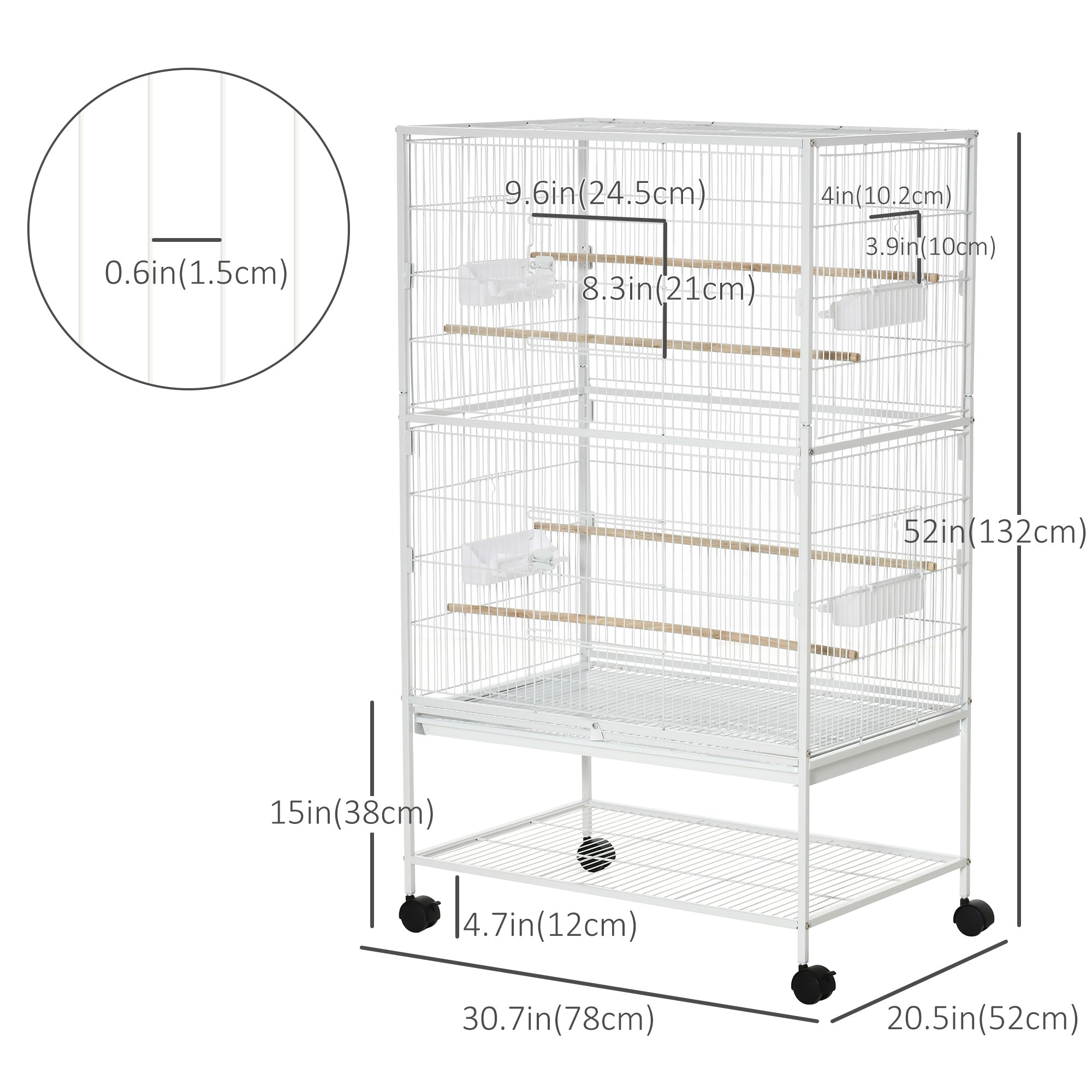 52" Large Rolling Steel Bird Cage Bird House with Rolling Stand, Storage Shelf, Wood Perch, Food Container, White