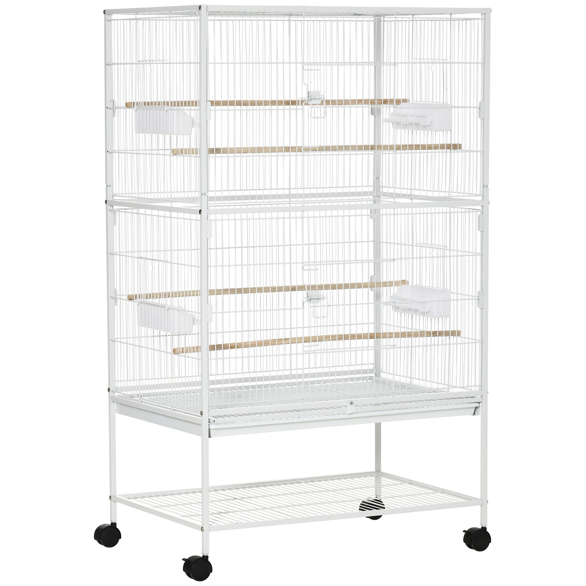 52" Large Rolling Steel Bird Cage Bird House with Rolling Stand, Storage Shelf, Wood Perch, Food Container, White