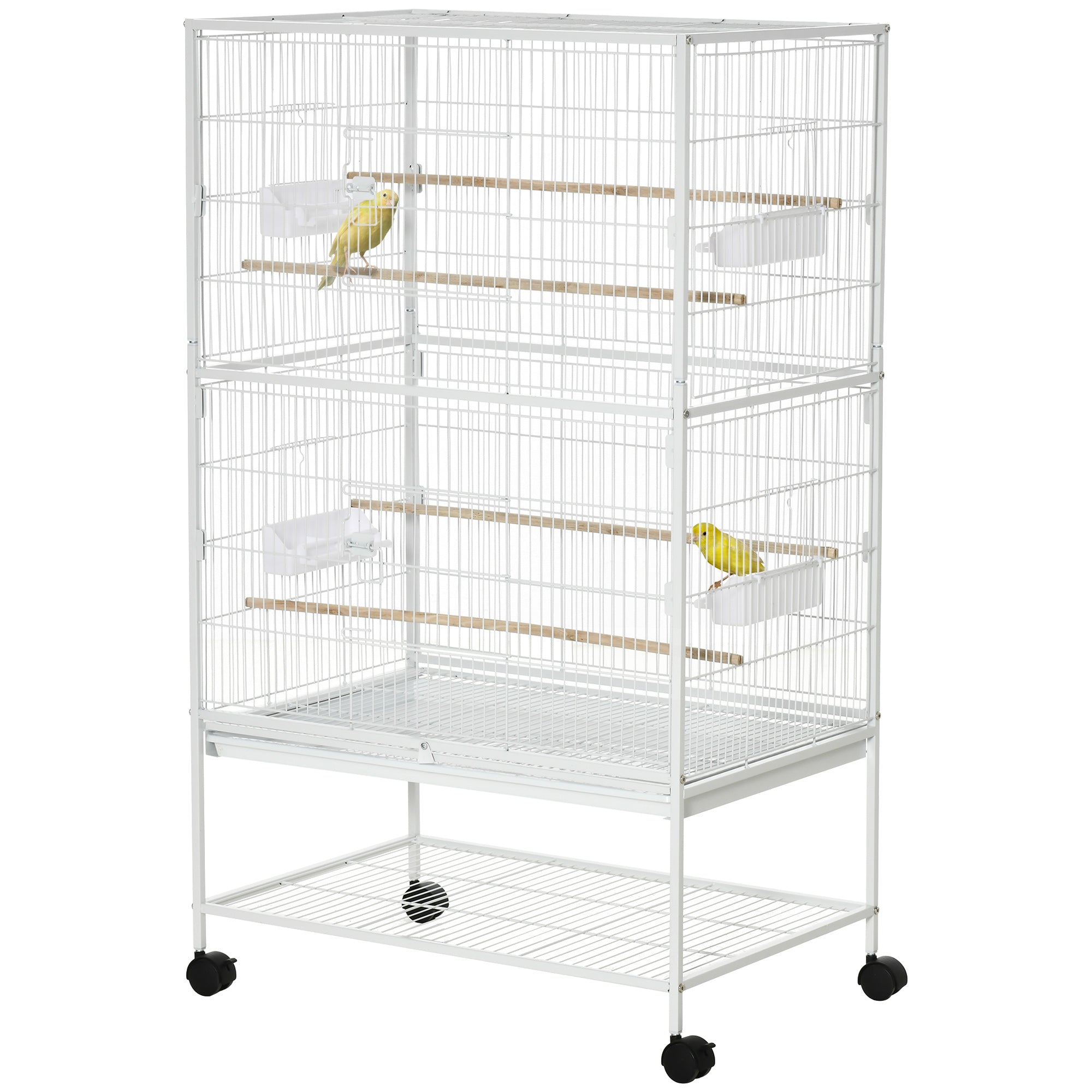 52" Large Rolling Steel Bird Cage Bird House with Rolling Stand, Storage Shelf, Wood Perch, Food Container, White