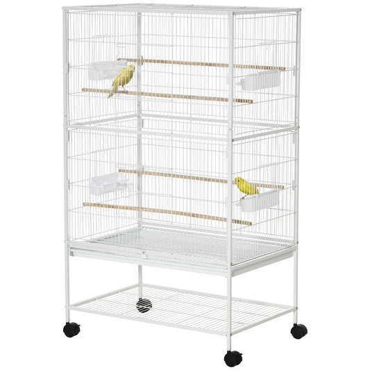 52" Large Rolling Steel Bird Cage Bird House with Rolling Stand, Storage Shelf, Wood Perch, Food Container, White
