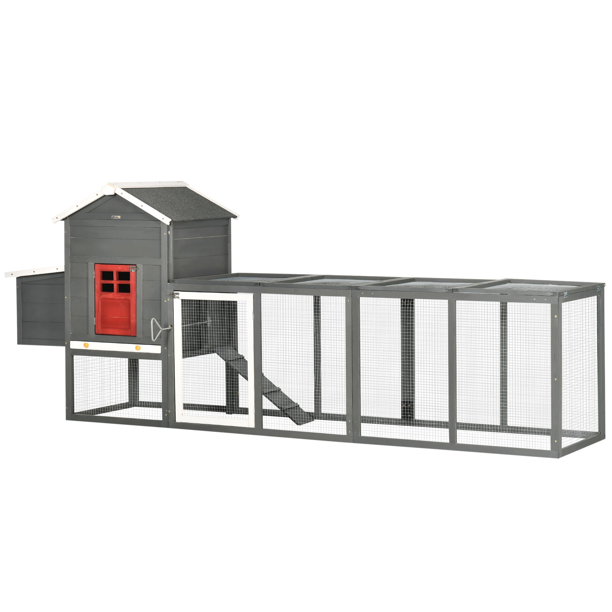 PawHut 118" Extra Large Chicken Coop with Asphalt Roof, Wooden Hen Run with Slide-Out Tray and Nesting Box, Chicken Hutch for 3-6 Chickens, Gray