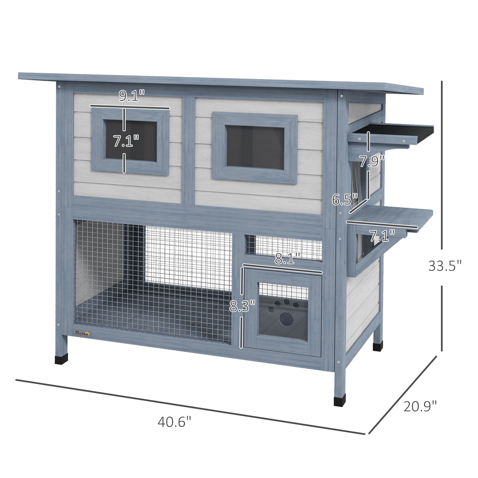 PawHut Outdoor Cat House, 2 Tier Weatherproof Feral Cat Shelter with Escape Door, Asphalt Roof, Jump Platform, Large Wooden Cat House for Outside, Backyard, Light Gray
