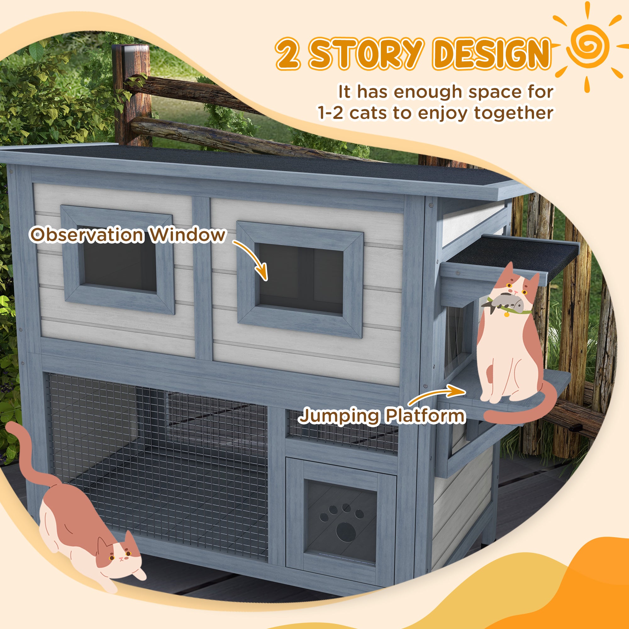 PawHut Outdoor Cat House, 2 Tier Weatherproof Feral Cat Shelter with Escape Door, Asphalt Roof, Jump Platform, Large Wooden Cat House for Outside, Backyard, Light Gray