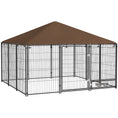 Load image into Gallery viewer, Large Dog Run, 6.9' x 6.9' x 5' Outdoor Dog Kennel with Canopy, Rotating Bowls, Door for Backyard & Garden, Coffee