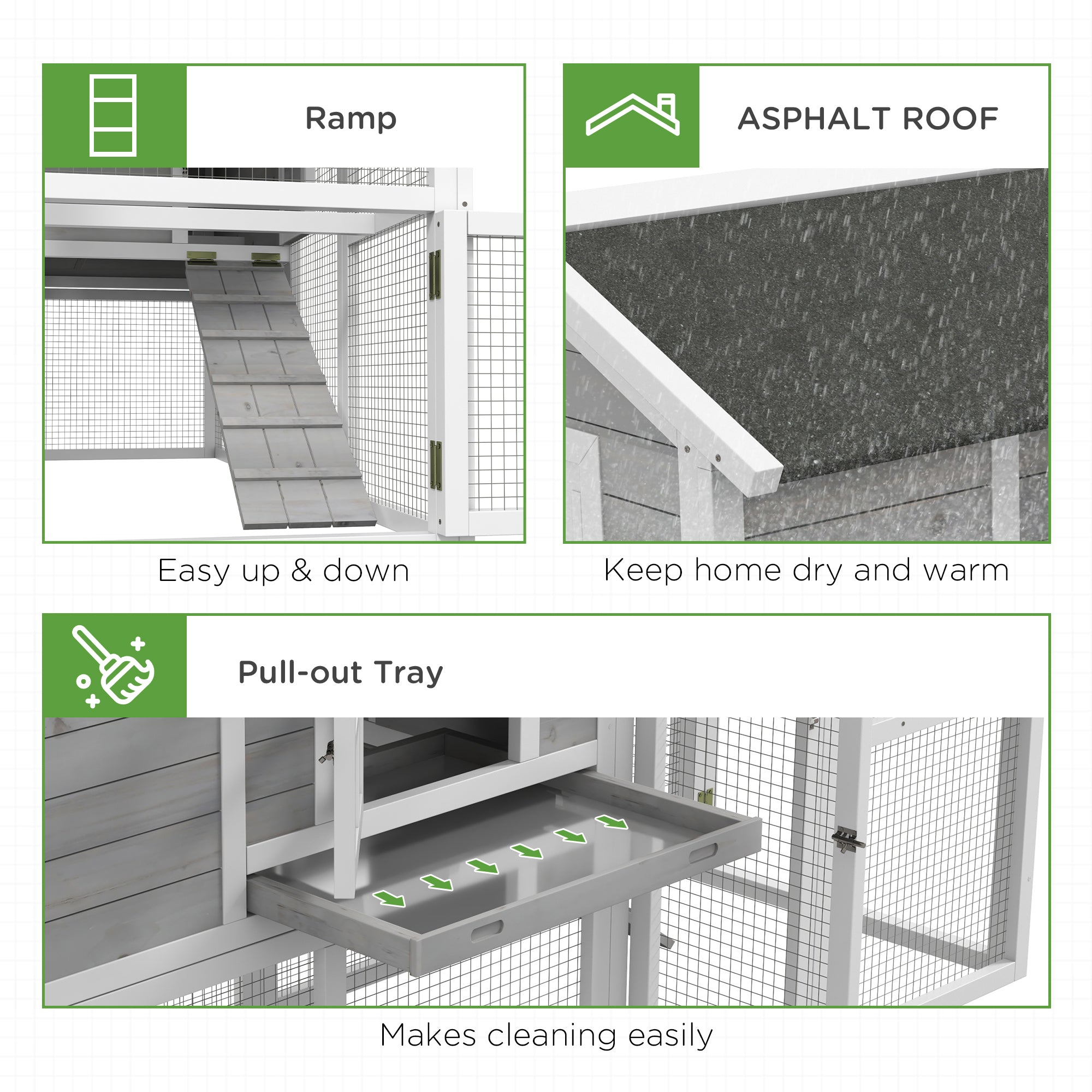 PawHut Wooden Chicken Coop with Run for 3 - 4 Chickens, Hen House with Nesting Box, Removable Tray, Outdoor Poultry Cage, 77.5" x 32.5" x 46", Light Gray