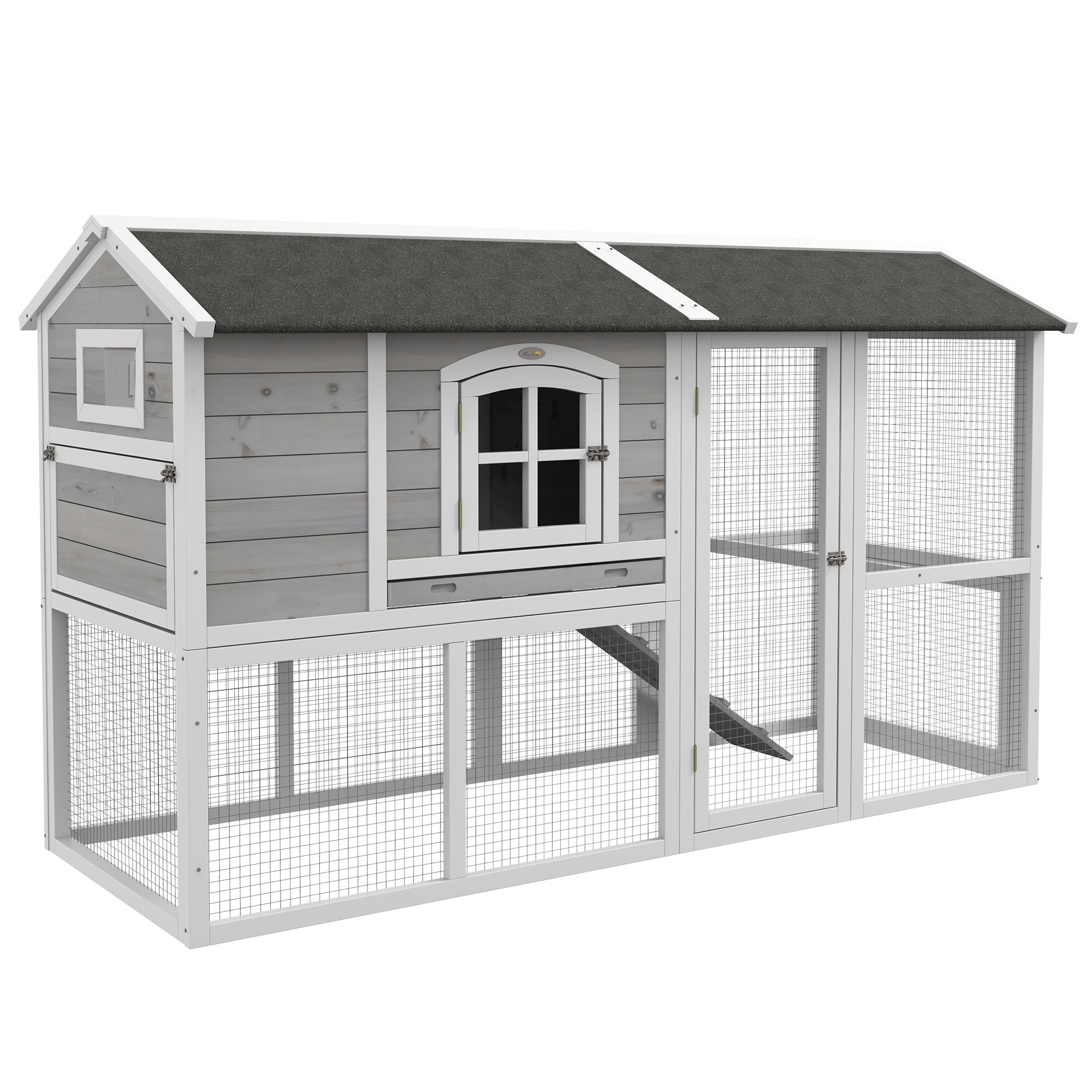 PawHut Wooden Chicken Coop with Run for 3 - 4 Chickens, Hen House with Nesting Box, Removable Tray, Outdoor Poultry Cage, 77.5" x 32.5" x 46", Light Gray