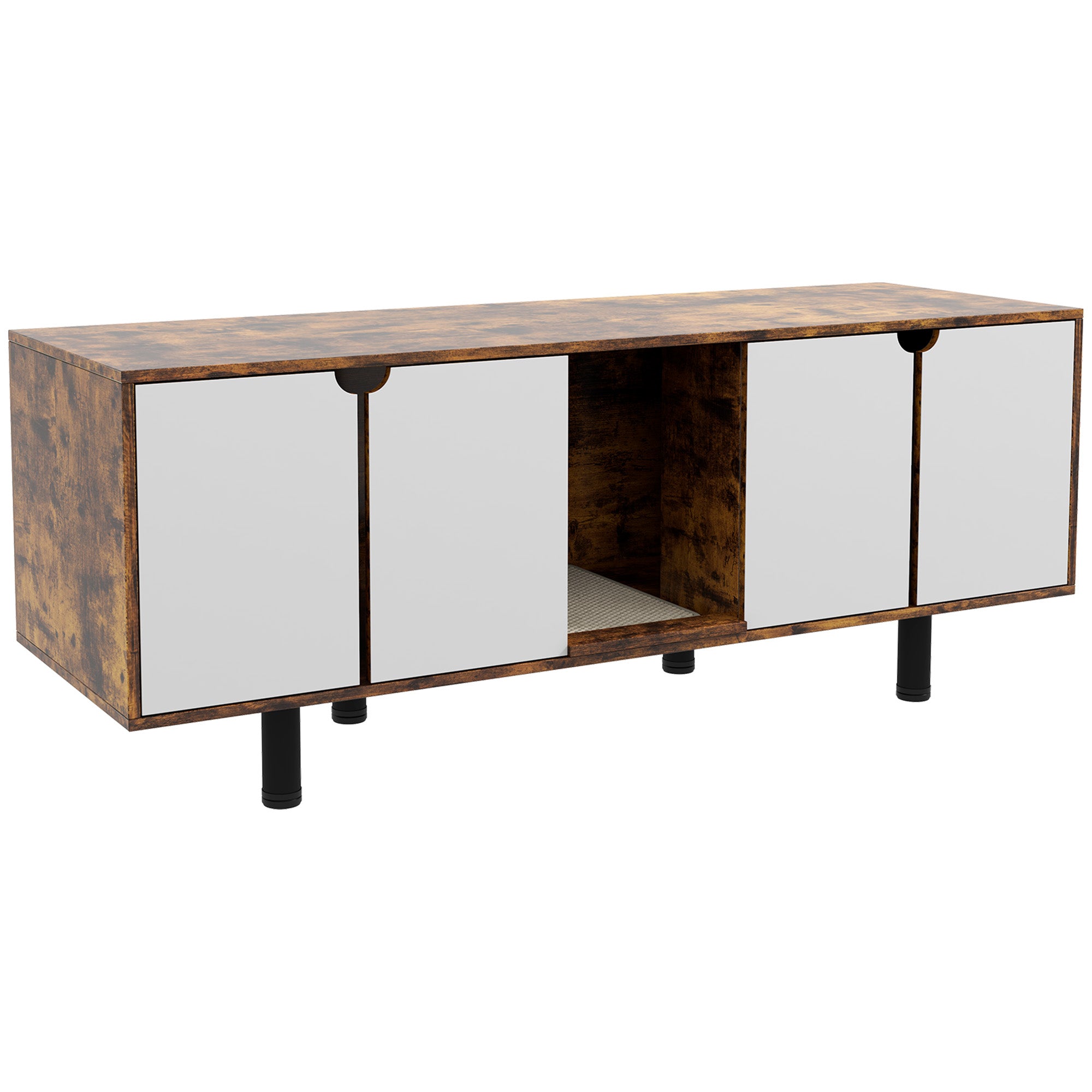 PawHut Hidden Litter Box Enclosure for 2 Cats, Litter Box Furniture TV Stand with 2 Cabinets, Sand Drain Pad, Double Doors, for Indoor Use, 57.9" x 18.9" x 22.8", Rustic Brown