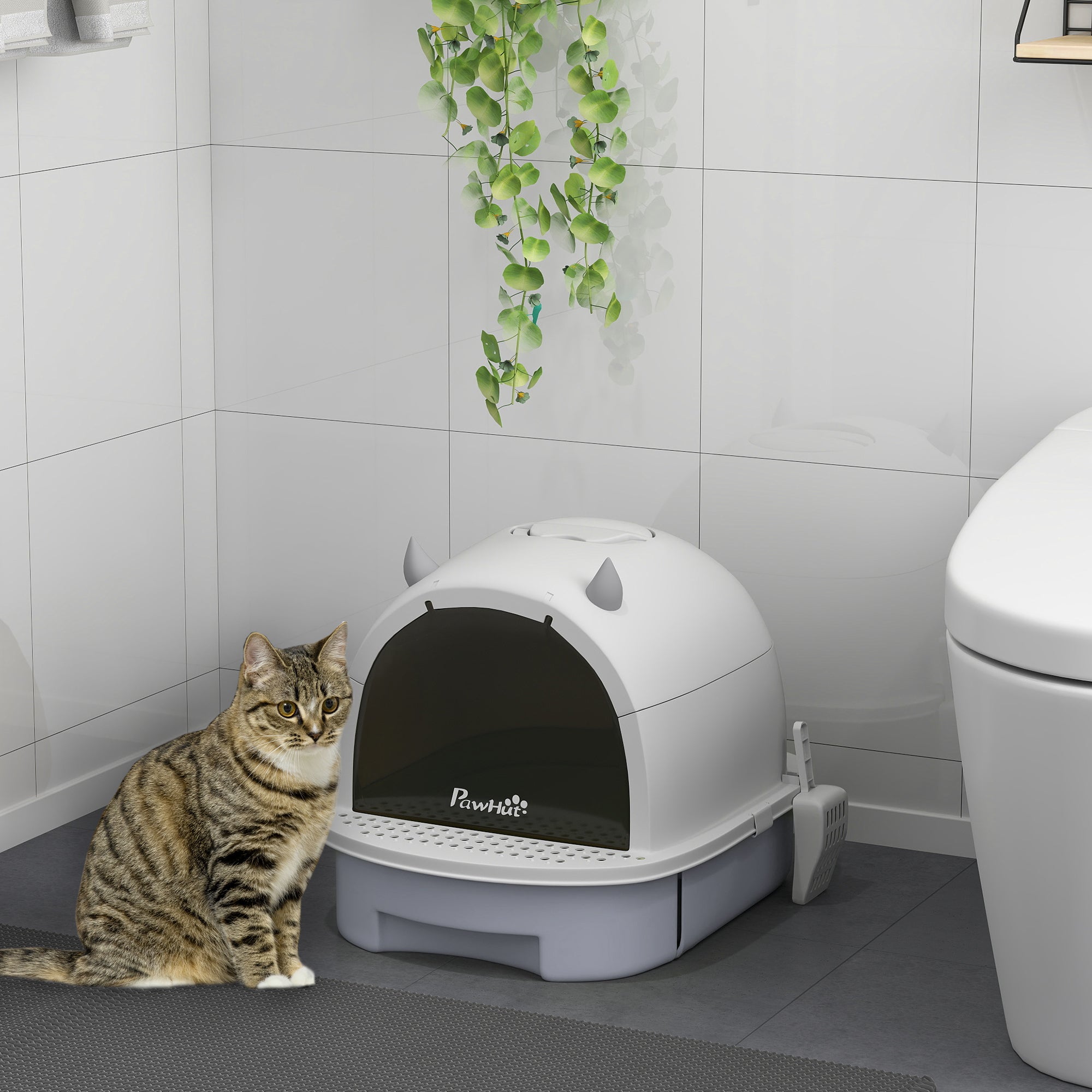 PawHut Cat Litter Box, Covered Kitty Litter Box with Lid, Scoop, Deodorizing Bags for Odor Control, Privacy, Portable, Easy to Clean, Gray