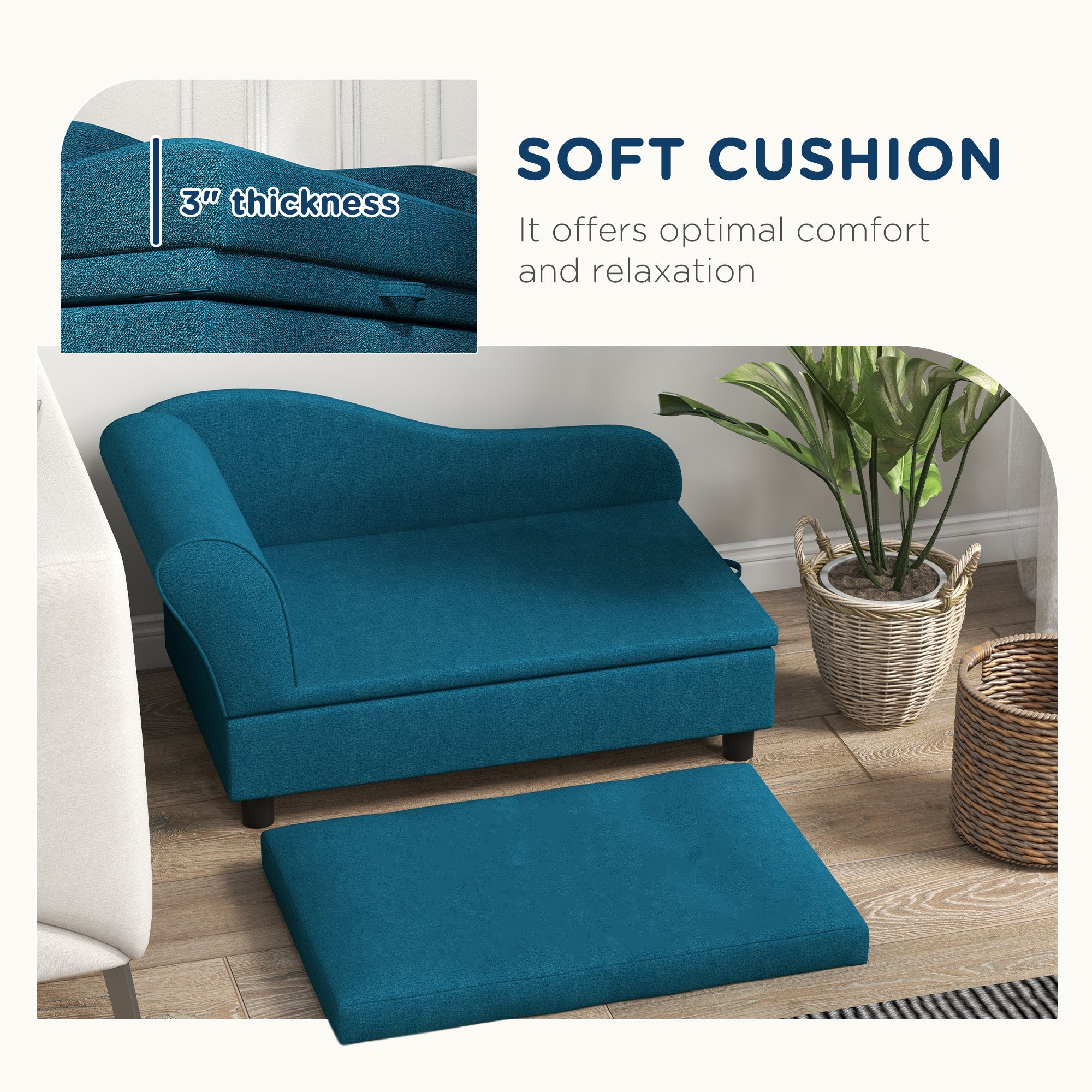 PawHut Pet Sofa, Dog Couch, Elevated Pet Bed for Small Dogs, with Hidden Storage, Soft Tufted Cushion, Dark Blue
