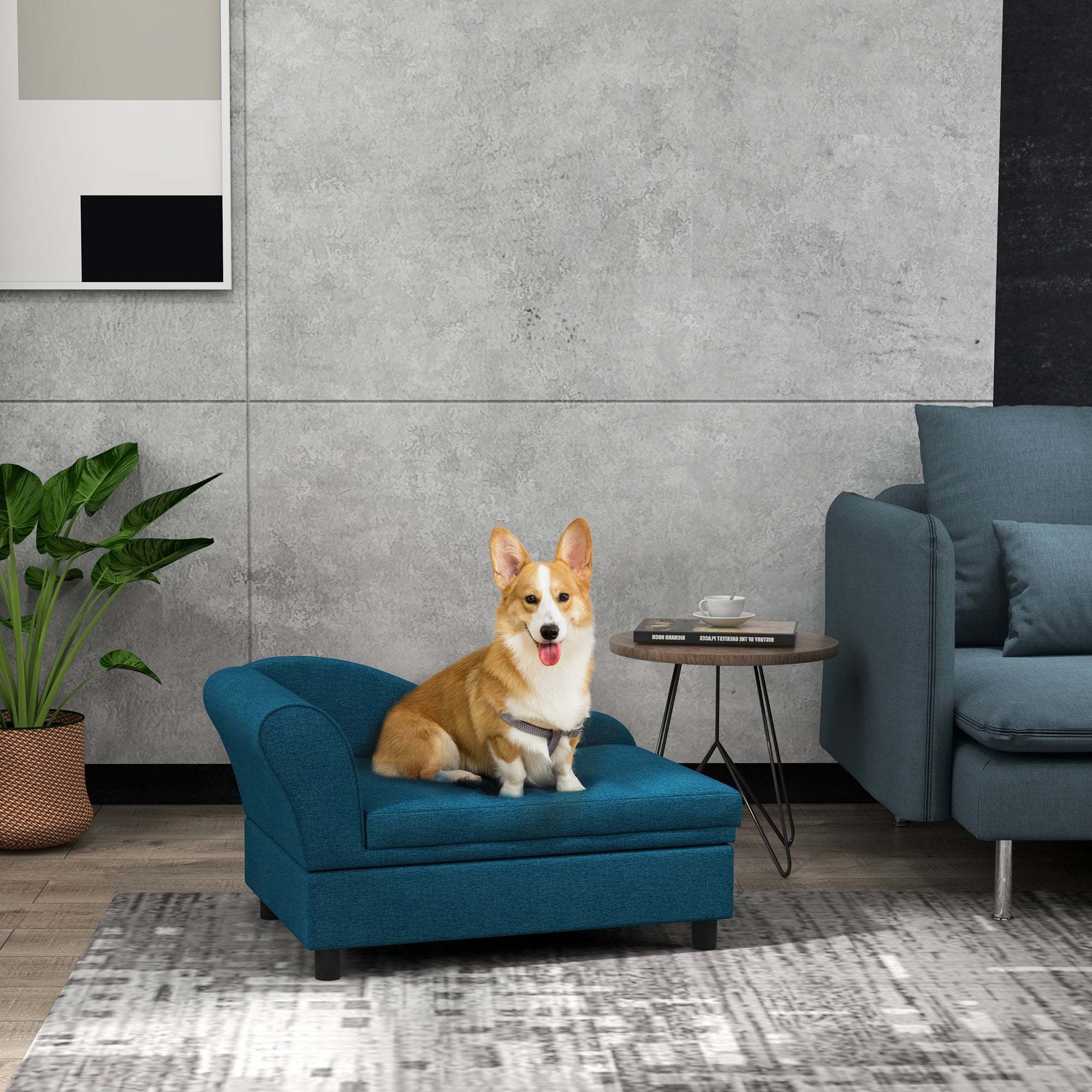 PawHut Pet Sofa, Dog Couch, Elevated Pet Bed for Small Dogs, with Hidden Storage, Soft Tufted Cushion, Dark Blue