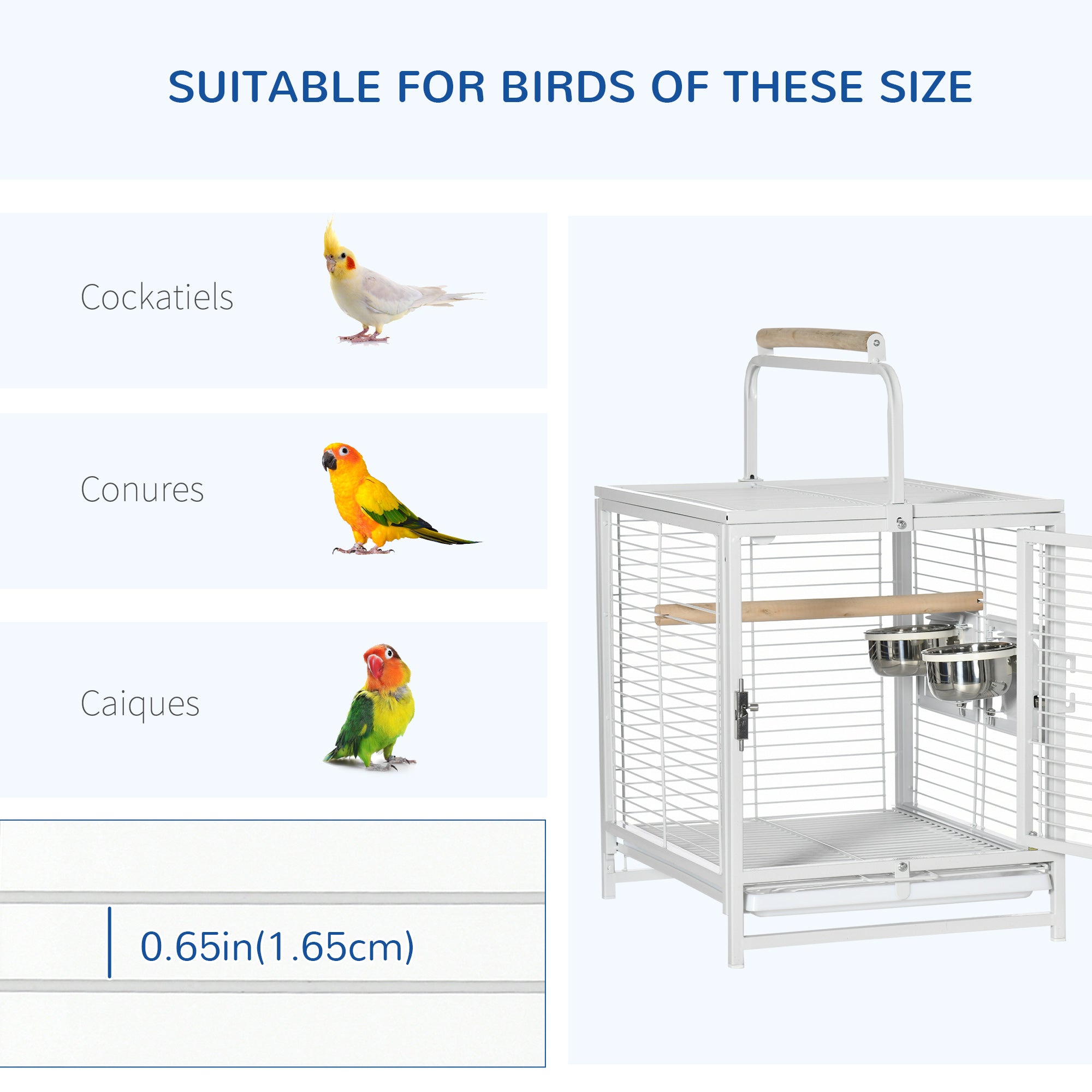 Bird Travel Carrier Cage for Parrots Conures African Grey Cockatiel Parakeets with Stand Perch, Stainless Steel Bowls, Pull Out Tray, White