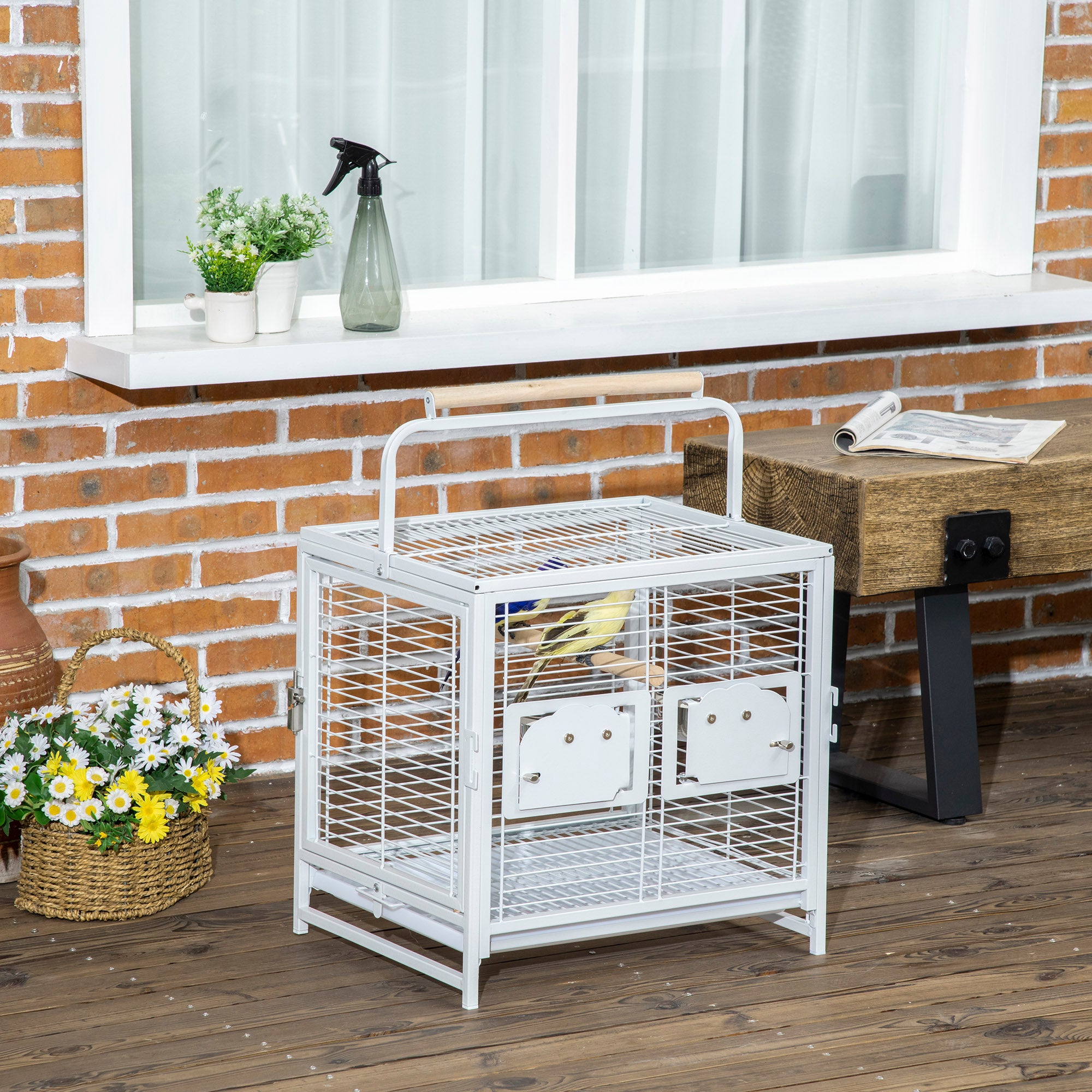 Bird Travel Carrier Cage for Parrots Conures African Grey Cockatiel Parakeets with Stand Perch, Stainless Steel Bowls, Pull Out Tray, White