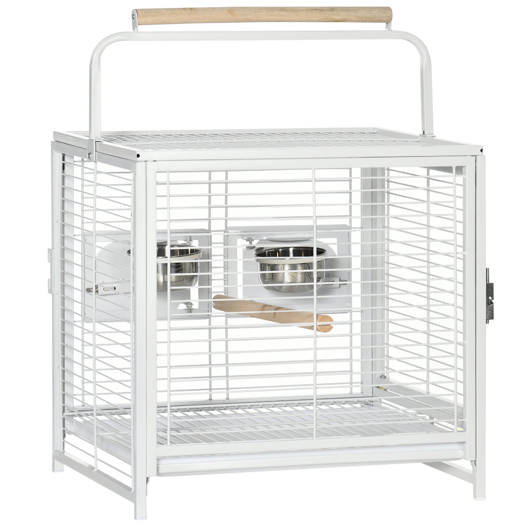 Bird Travel Carrier Cage for Parrots Conures African Grey Cockatiel Parakeets with Stand Perch, Stainless Steel Bowls, Pull Out Tray, White