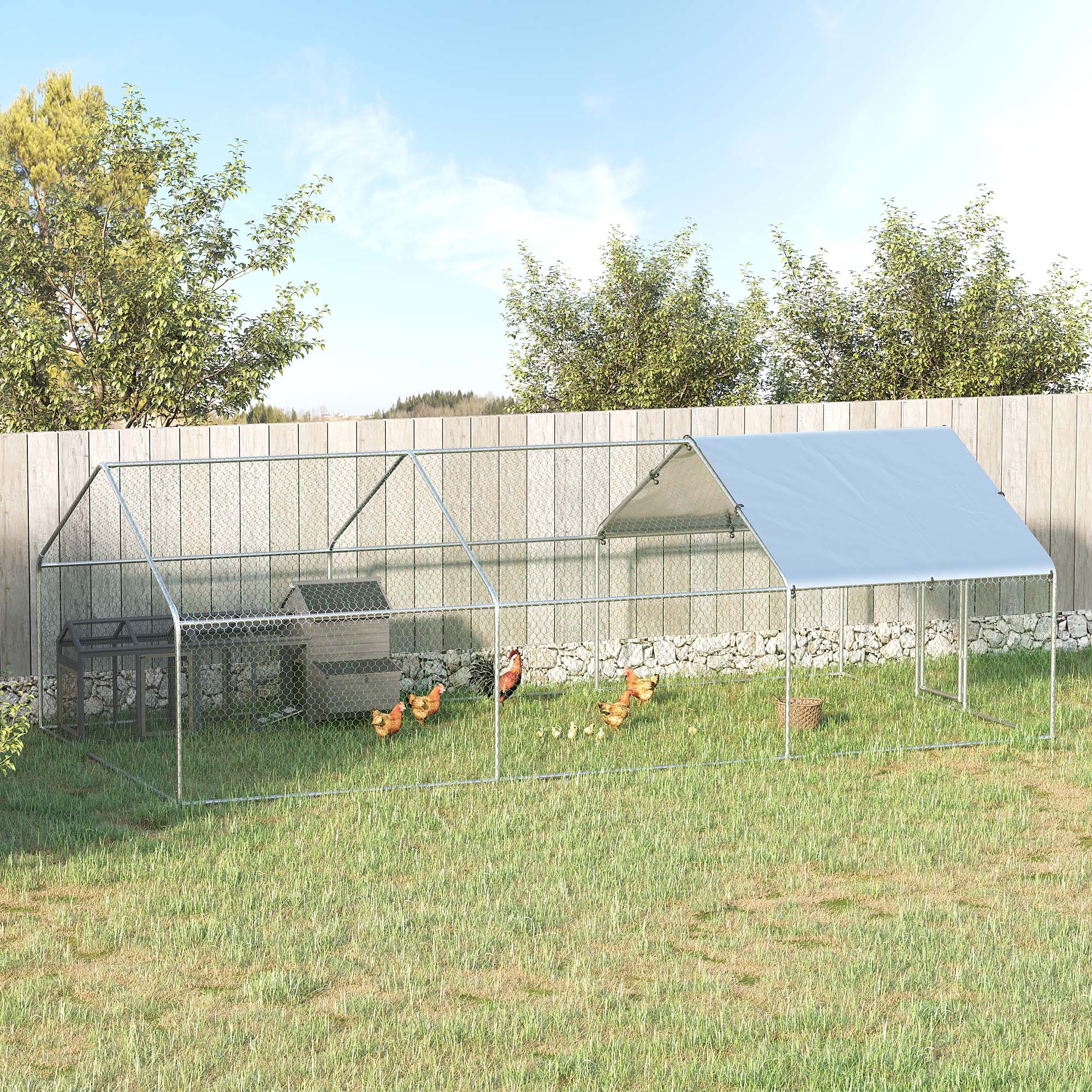PawHut Large Chicken Coop Metal Chicken Run with Waterproof and Anti-UV Cover, Spire Shaped Walk-in Fence Cage Hen House for Outdoor and Yard Farm Use, 1.3" Tube Diameter, 9.8' x 19.7' x 6.4'