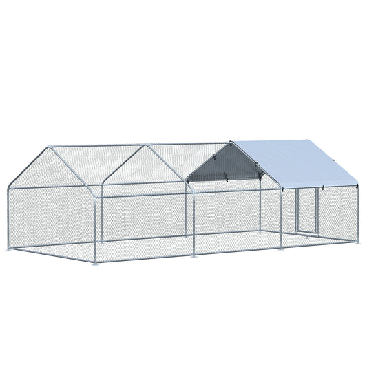 PawHut Large Chicken Coop Metal Chicken Run with Waterproof and Anti-UV Cover, Spire Shaped Walk-in Fence Cage Hen House for Outdoor and Yard Farm Use, 1.3" Tube Diameter, 9.8' x 19.7' x 6.4'