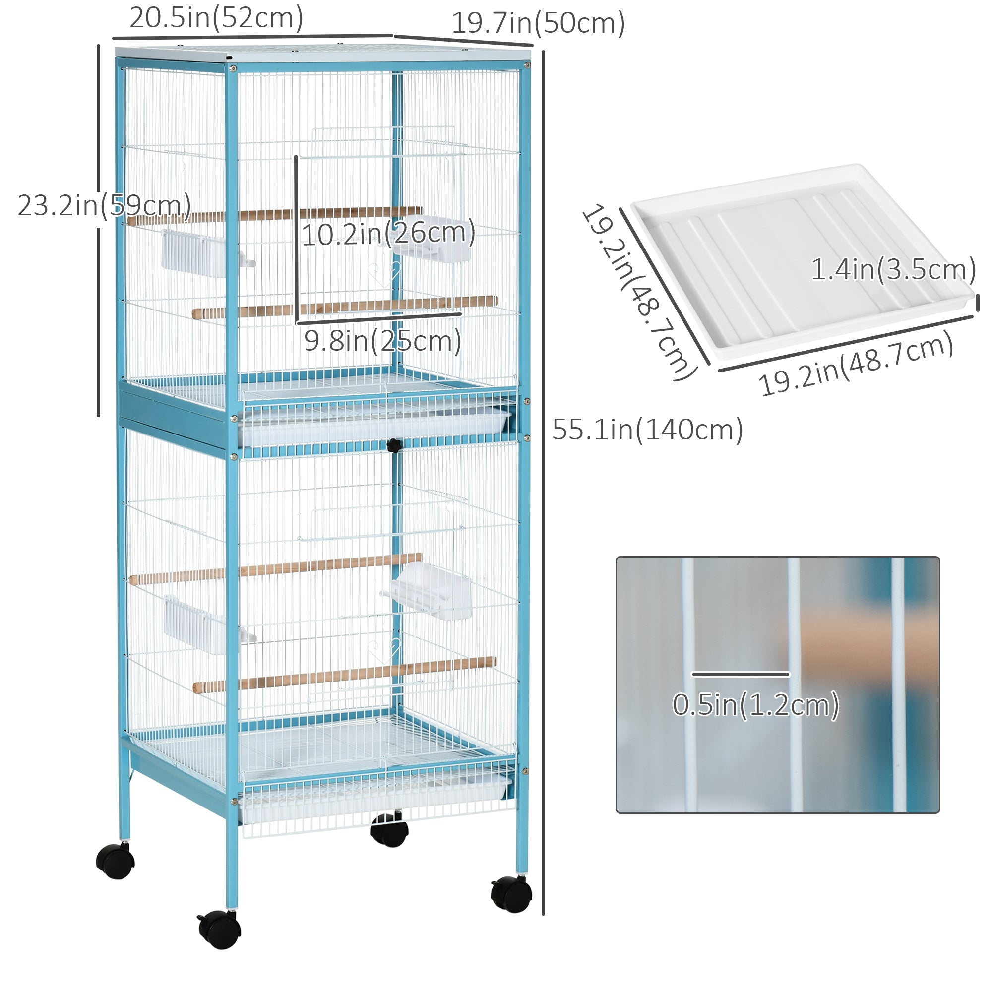 55.1" 2 In 1 Bird Cage Aviary Parakeet House for finches, budgies with Wheels, Slide-out Trays, Wood Perch, Food Containers, Light Blue