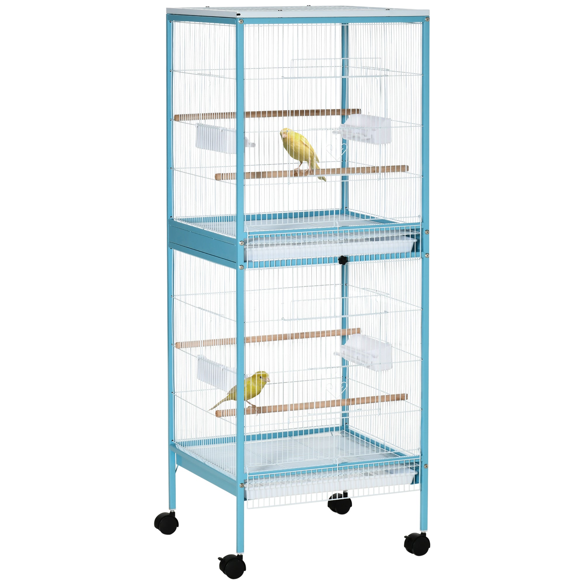 55.1" 2 In 1 Bird Cage Aviary Parakeet House for finches, budgies with Wheels, Slide-out Trays, Wood Perch, Food Containers, Light Blue