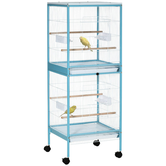 55.1" 2 In 1 Bird Cage Aviary Parakeet House for finches, budgies with Wheels, Slide-out Trays, Wood Perch, Food Containers, Light Blue