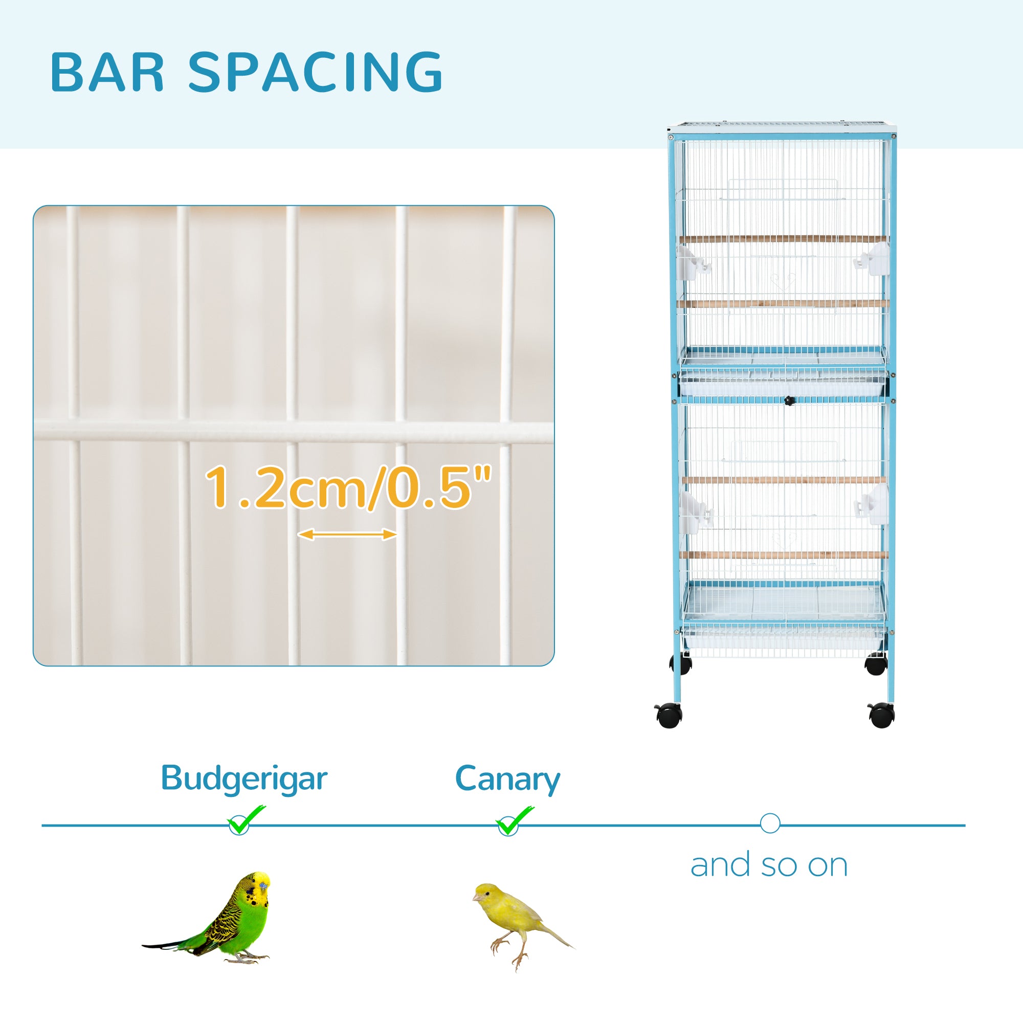 55.1" 2 In 1 Bird Cage Aviary Parakeet House for finches, budgies with Wheels, Slide-out Trays, Wood Perch, Food Containers, Light Blue