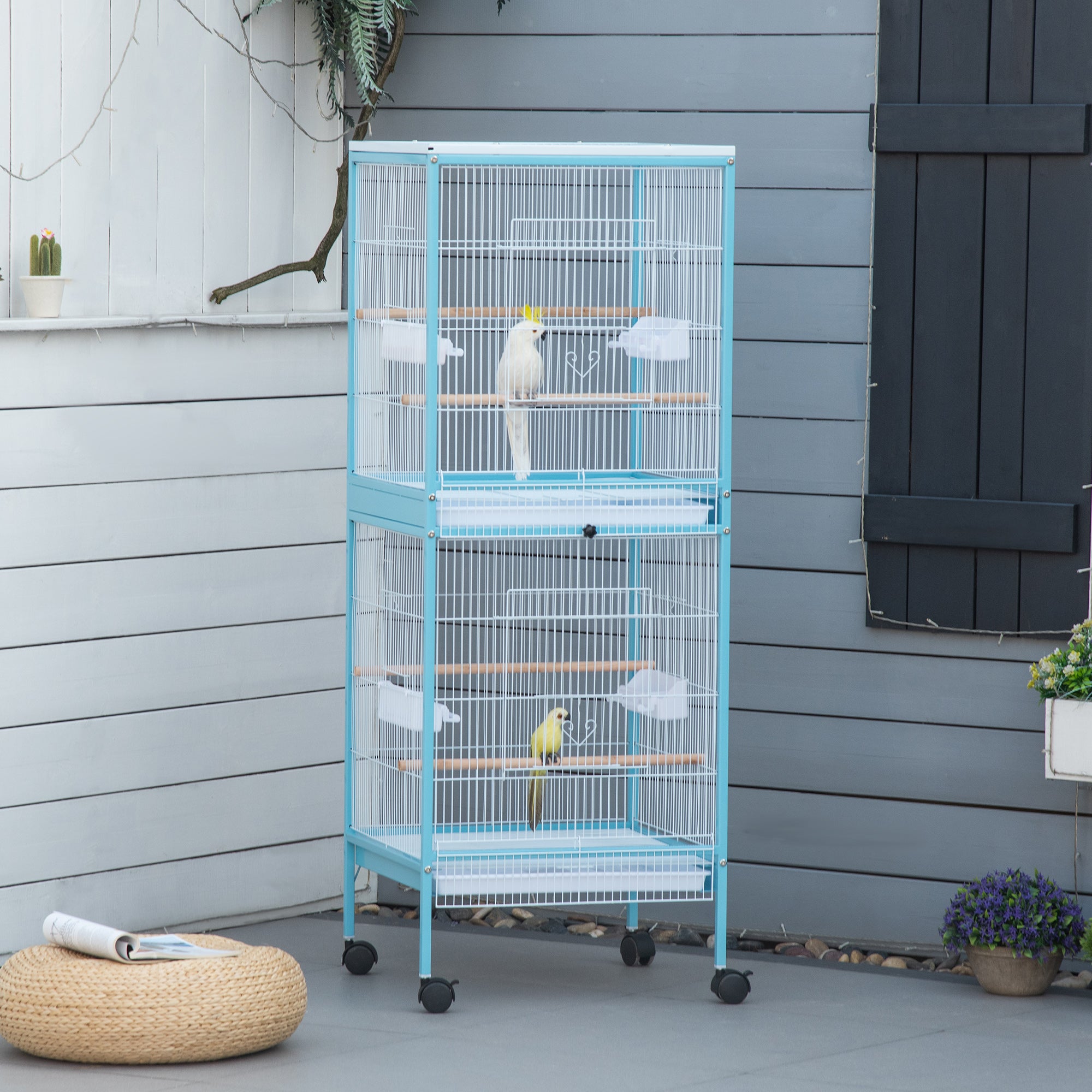 PawHut Large Bird Cage with 1.7 ft. Width for Wingspan, Bird Aviary Indoor with Multi-Door Design, Fit for a Canary, Finch, Conure, 55", Light Blue