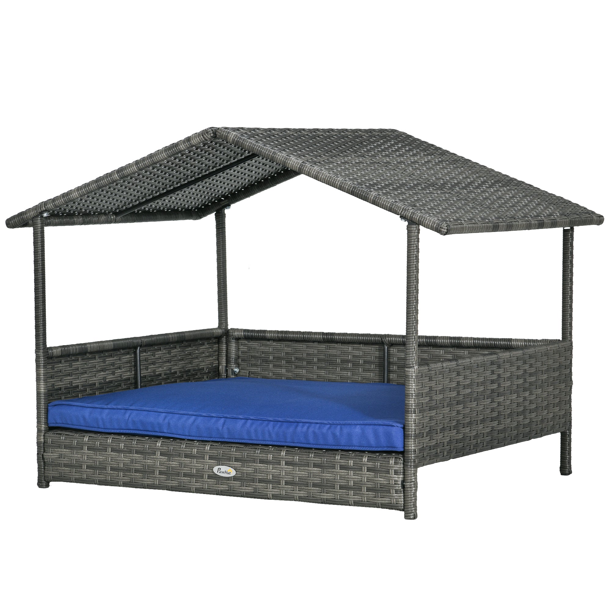 PawHut Wicker Dog House Outdoor with Canopy, Rattan Dog Bed with Water-resistant Cushion, Raised Dog Bed for Small, Medium Dogs up to 66 lbs, 19.75" in Length, Gray Wicker, Dark Blue Cushion