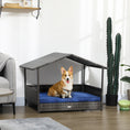 Load image into Gallery viewer, PawHut Wicker Dog House Outdoor with Canopy, Rattan Dog Bed with Water-resistant Cushion, Raised Dog Bed for Small, Medium Dogs up to 66 lbs, 19.75" in Length, Gray Wicker, Dark Blue Cushion